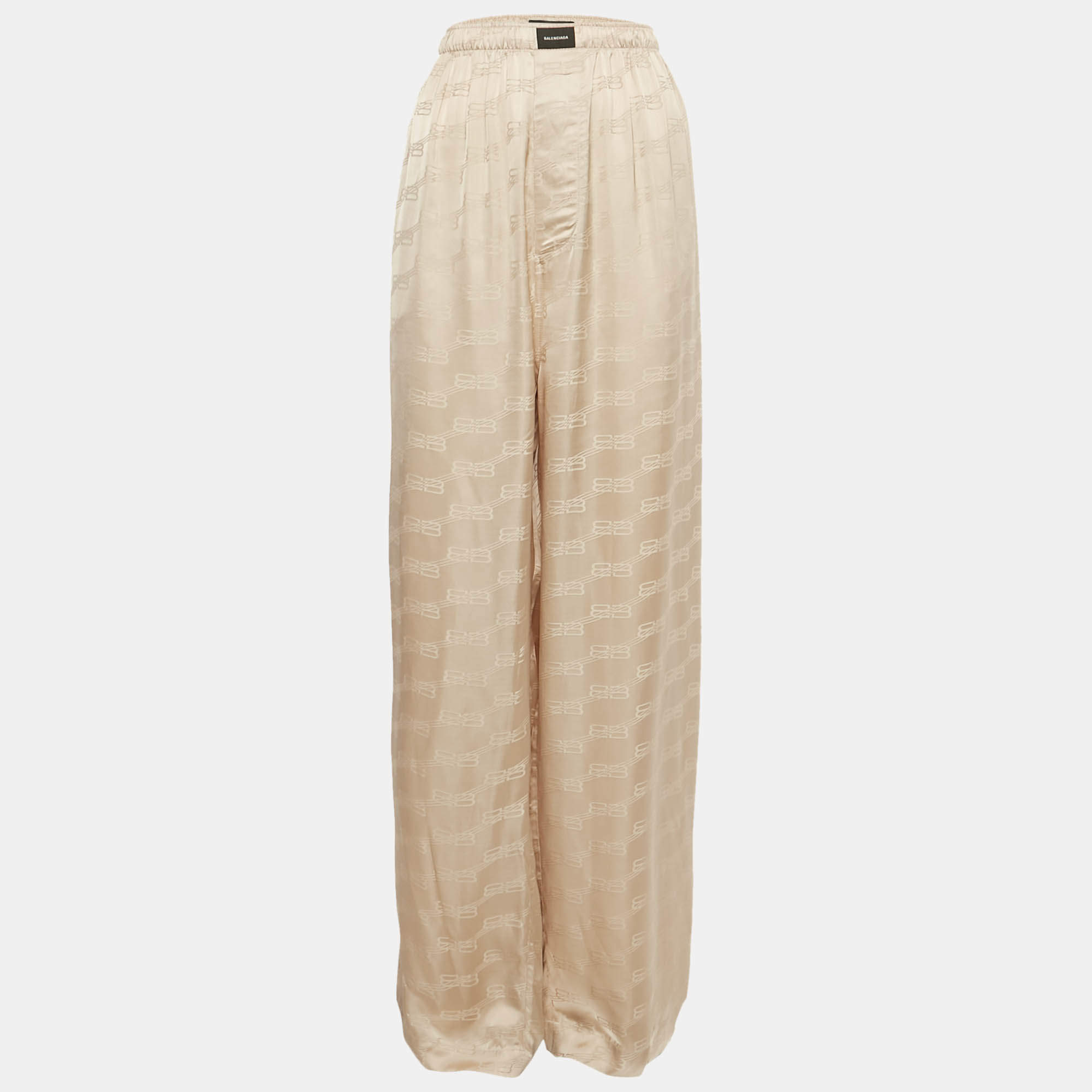 Pre Owned Balenciaga Beige Logo Jacquard Satin Trousers L