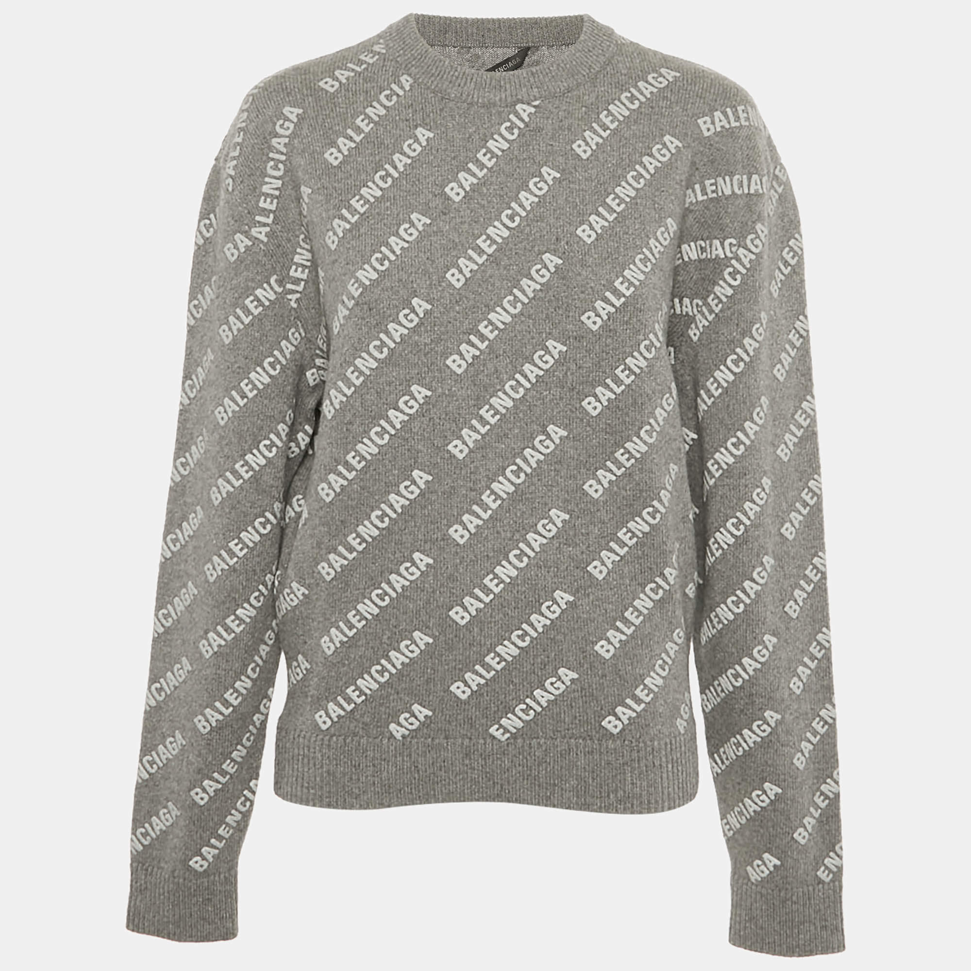 Pre Owned Balenciaga Grey Logo All-Over Print Cashmere Crewneck Sweater S