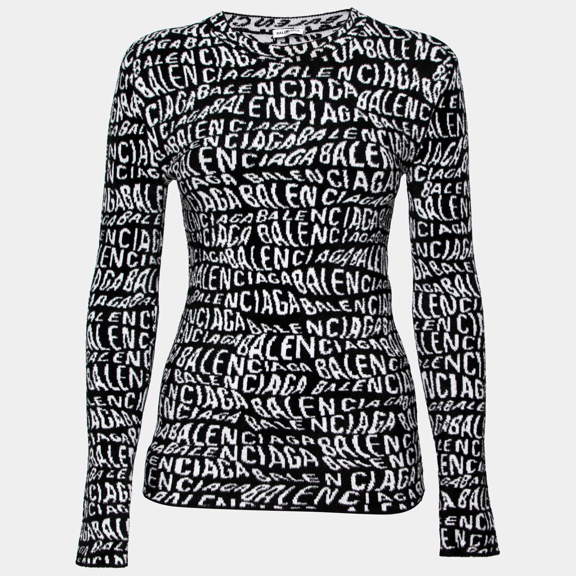 Balenciaga White & Black Wavy Logo Knitted Crew Neck Top XS