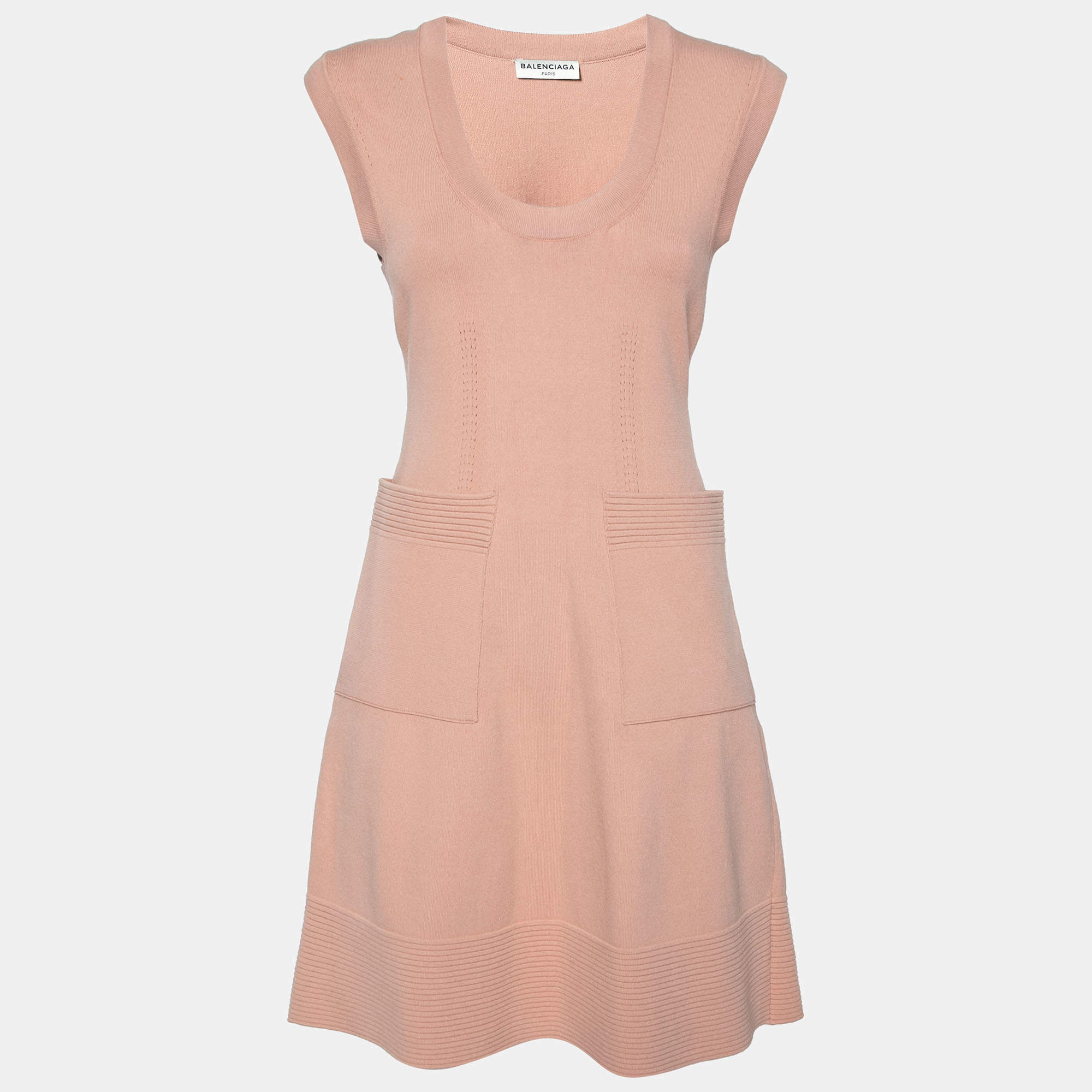 Pre Owned Balenciaga Peach Knit Pocketed Sleeveless Dress M