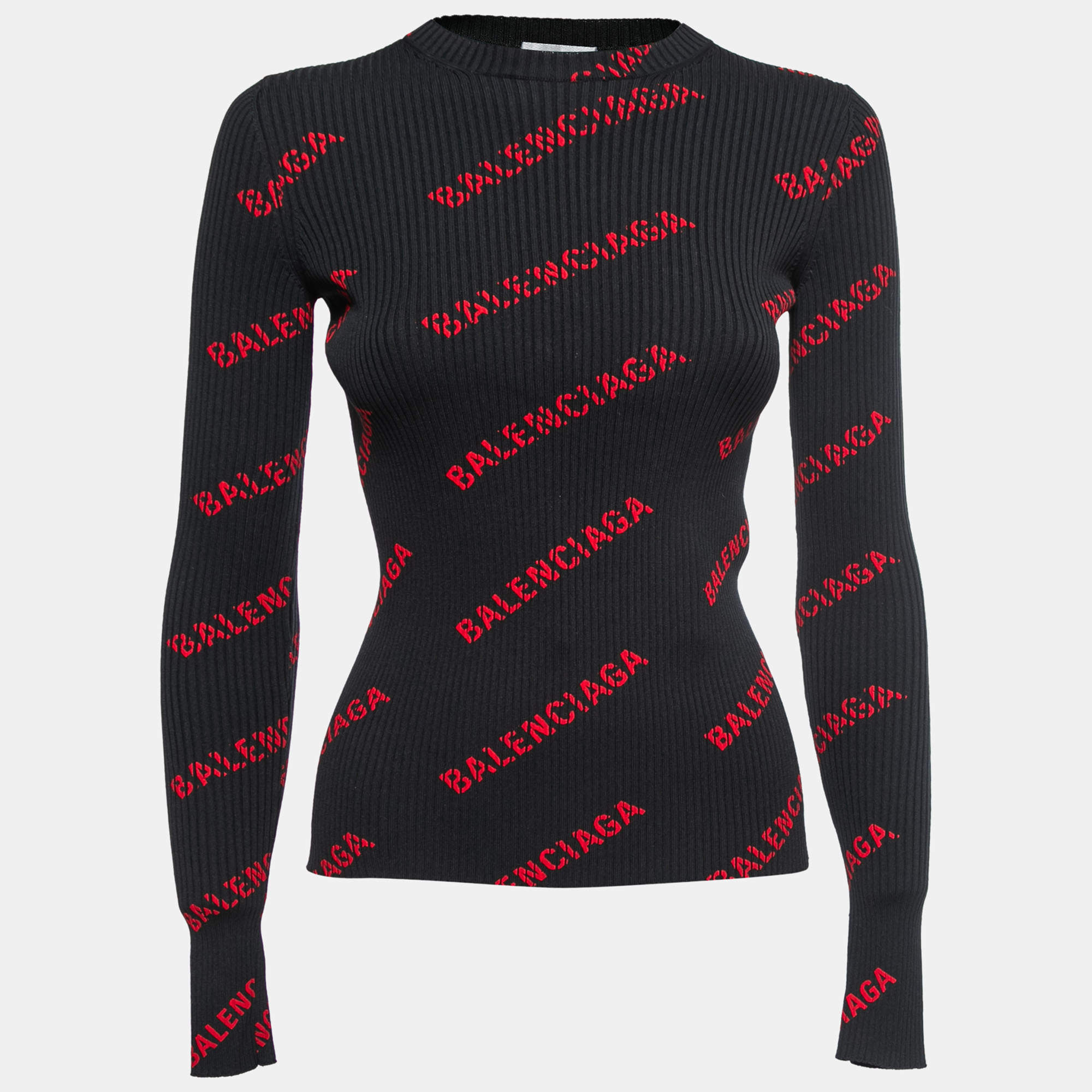 Pre Owned Balenciaga Black All-Over Logo Knit Pullover XS