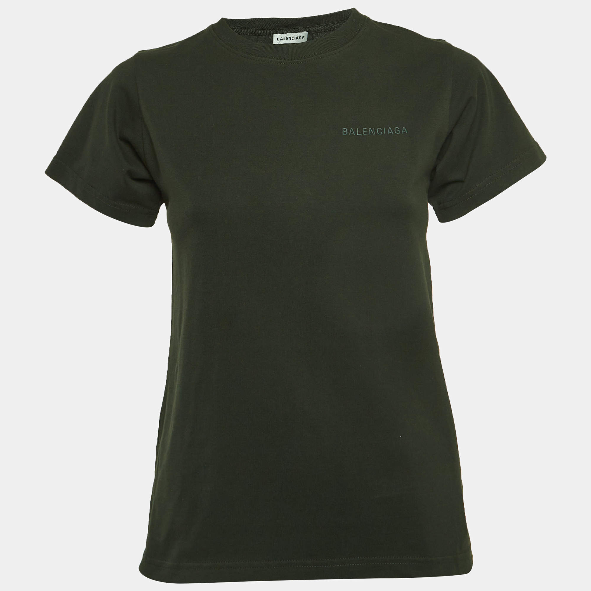 Pre Owned Balenciaga Dark Green Logo Embroidered Cotton Half Sleeve T-Shirt S