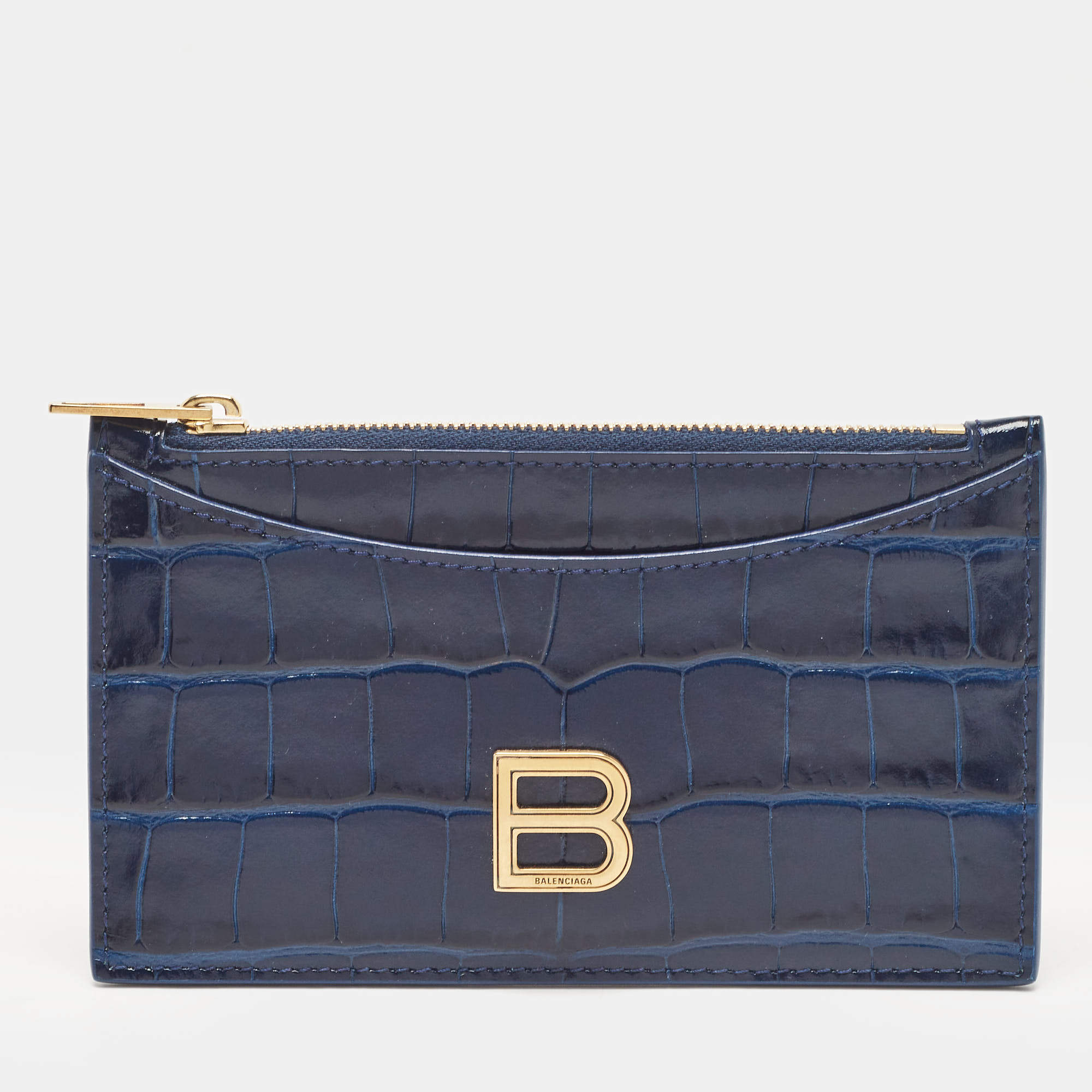 Pre Owned Balenciaga Blue Croc Embossed Leather Zip Card Case