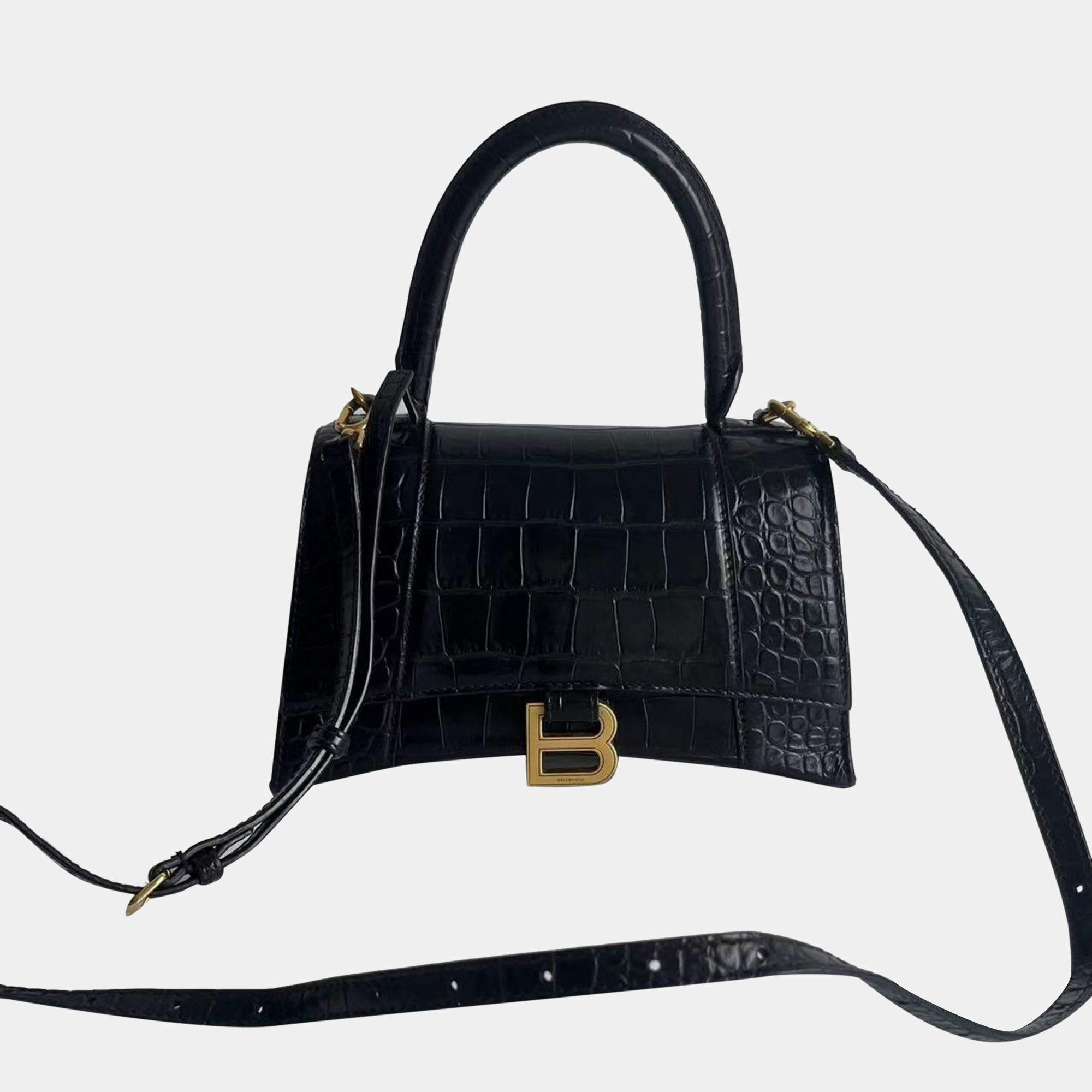 Balenciaga black and gold crocodile pattern Hourglass bag size S