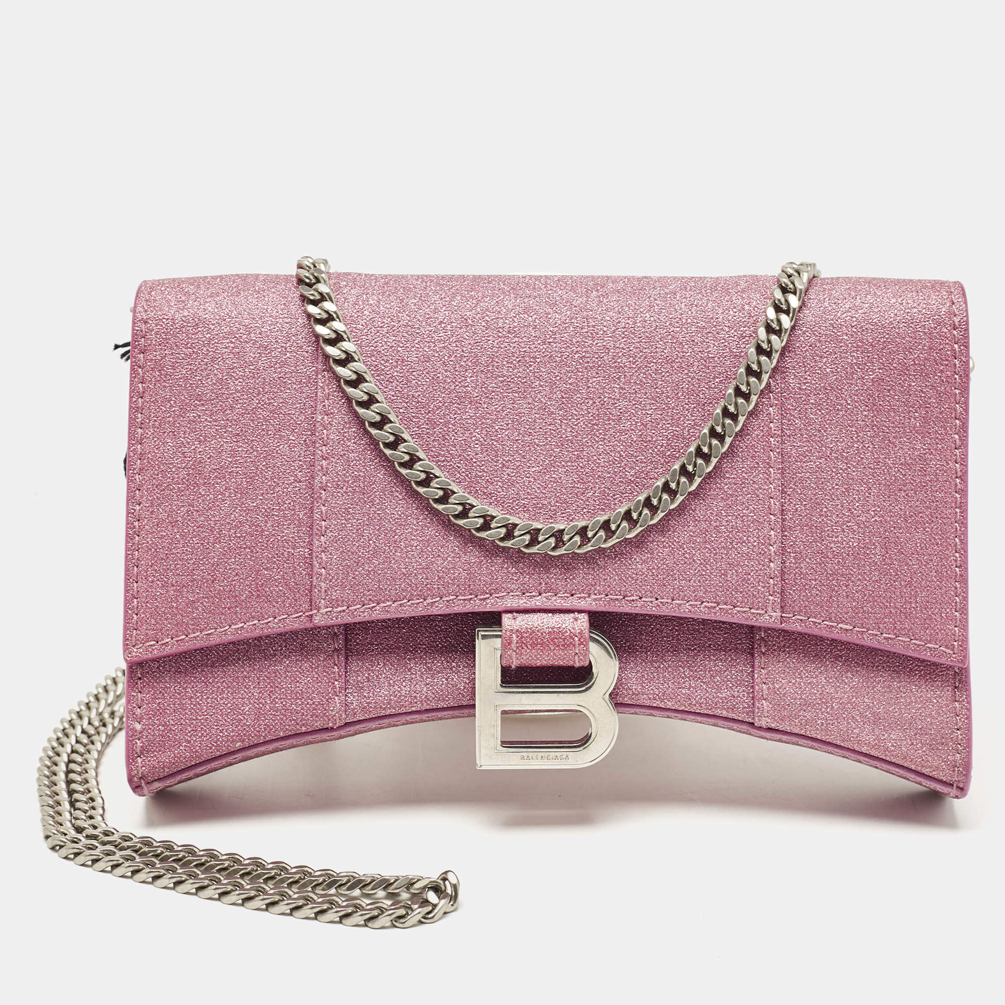 Balenciaga Pink Glitter Leather XS Hourglass Wallet on Chain