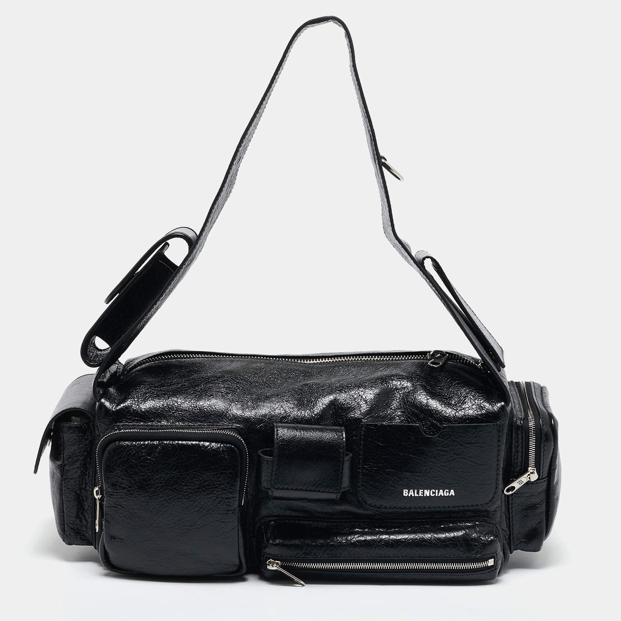 Pre Owned Balenciaga Black Glossy Leather Superbusy Sling Bag