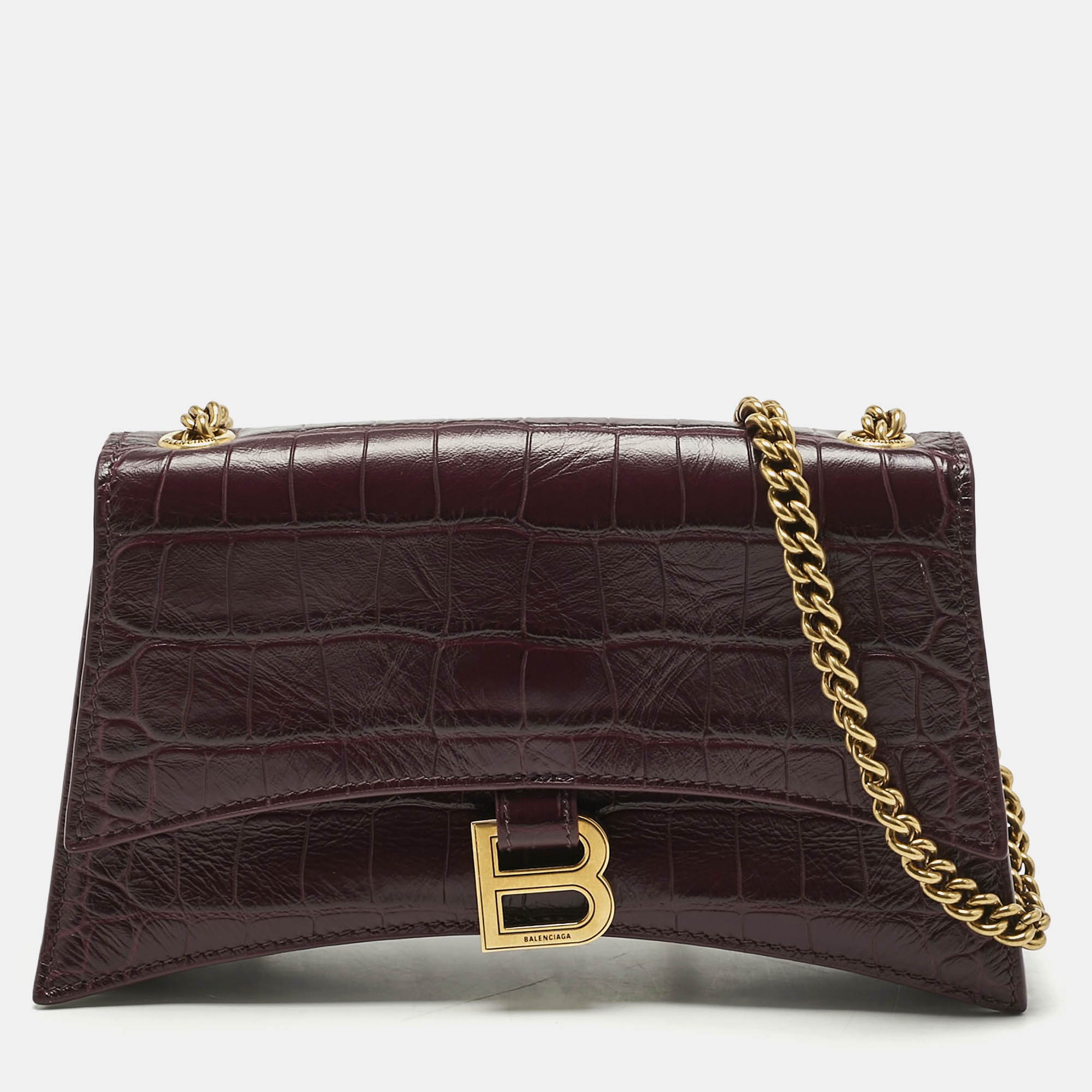 Balenciaga Dark Red Croc Embossed Leather XS Crush Chain Shoulder Bag