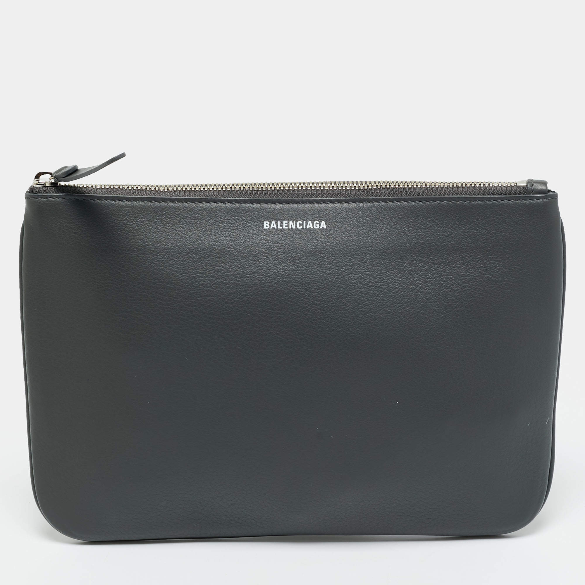 Pre Owned Balenciaga Everyday Grey Leather Zip Pouch 
