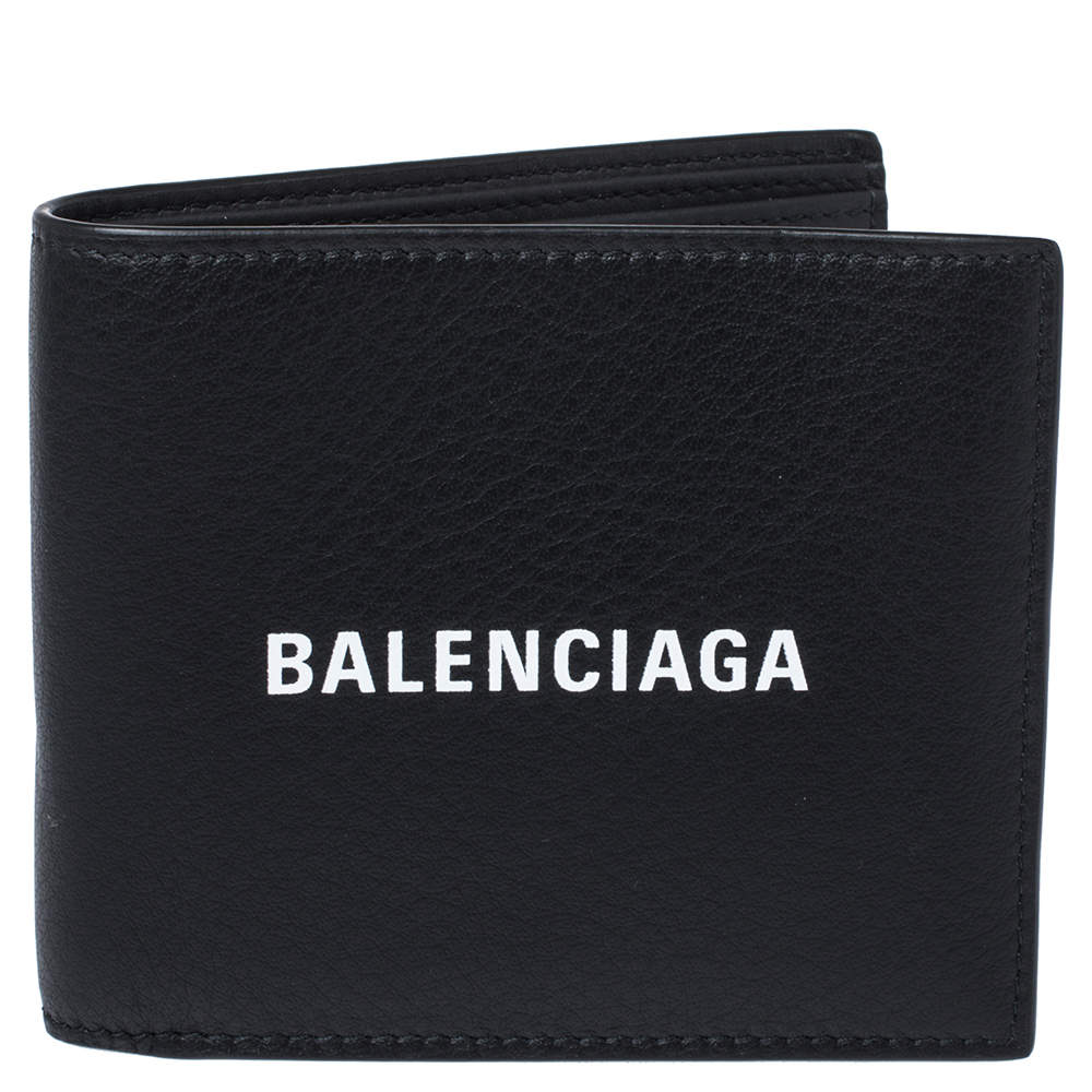 Pre Owned Balenciaga Black Leather Logo Bifold Wallet