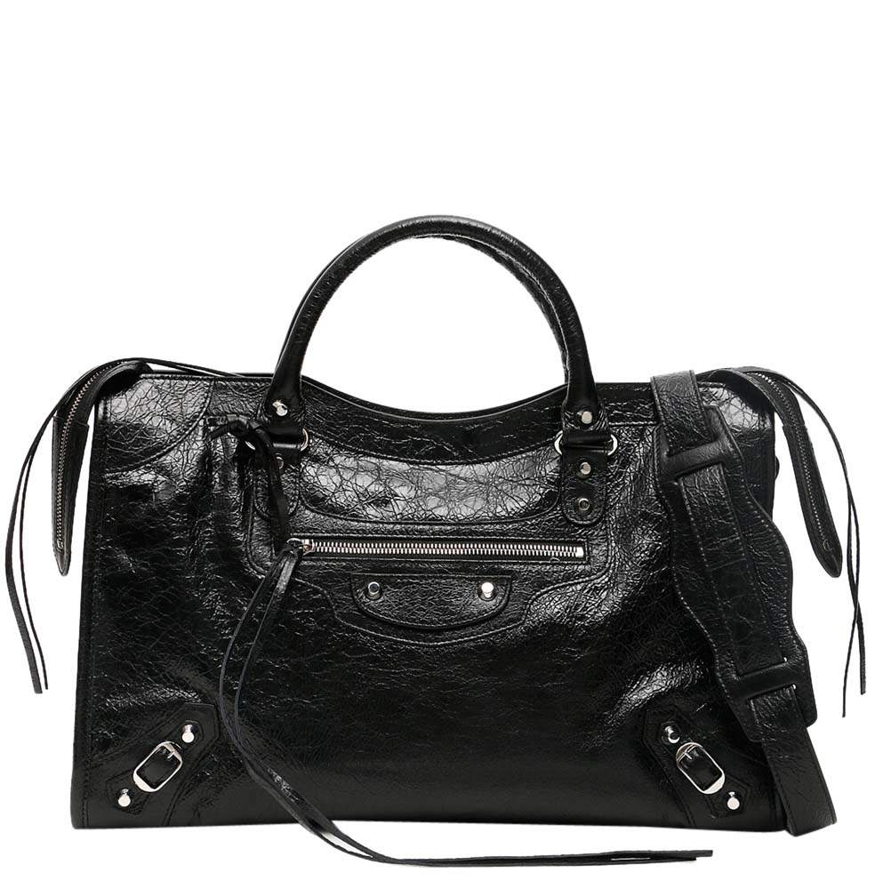 black balenciaga bag with white writing