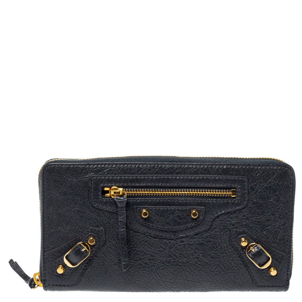 Pre Owned Balenciaga Grey Leather Motocross Classic Zip Continental Wallet