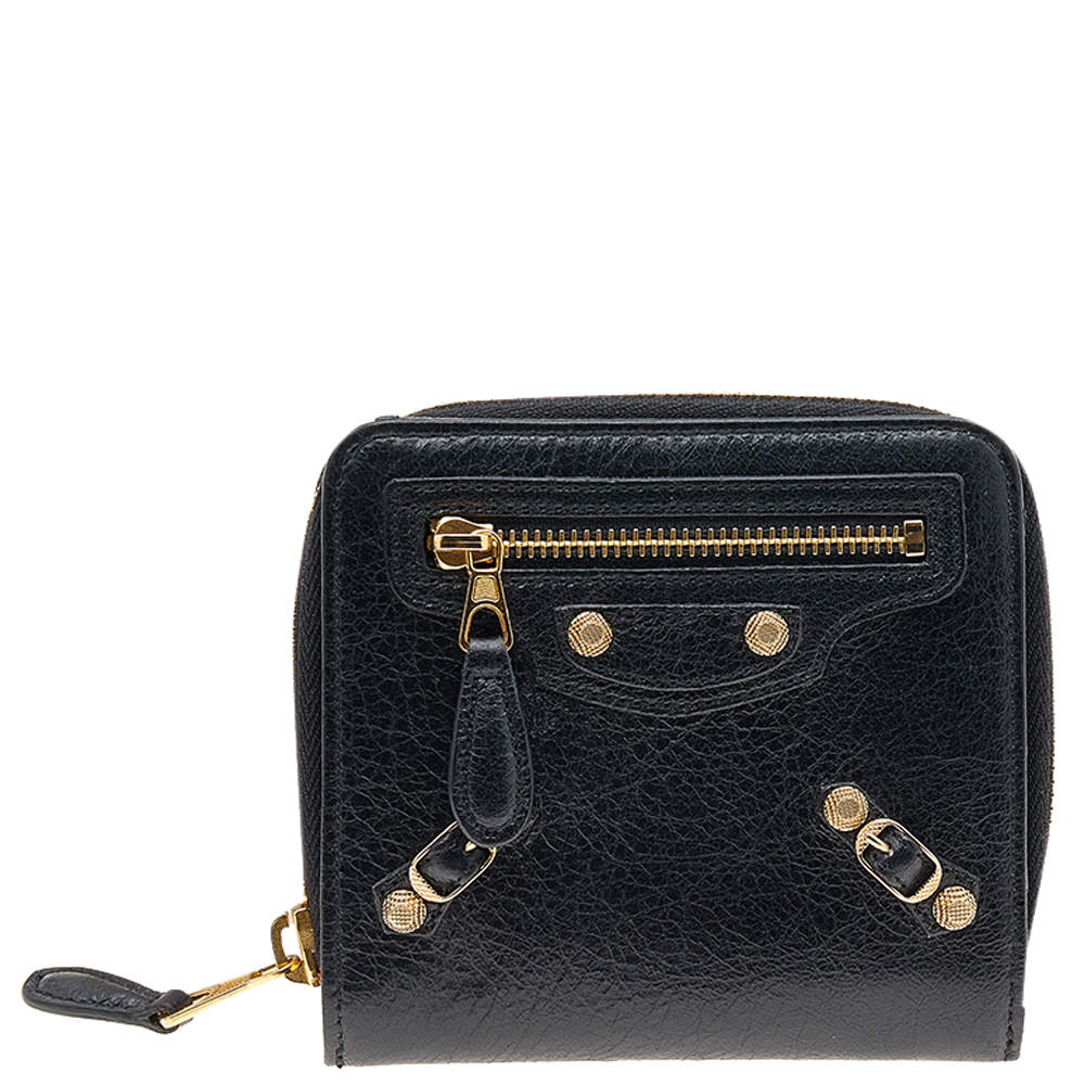 Pre Owned محفظة مضغوطة بالنسياغا موتوكروس جلد أسود صغيرة بسحاب مستدير