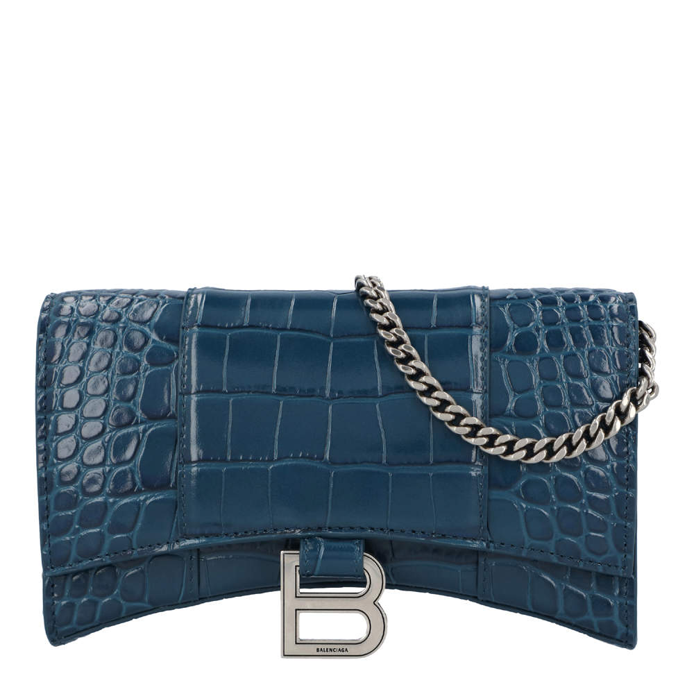Pre Owned Balenciaga Blue Croc Embossed Leather Calfskin Hourglass Chain Wallet