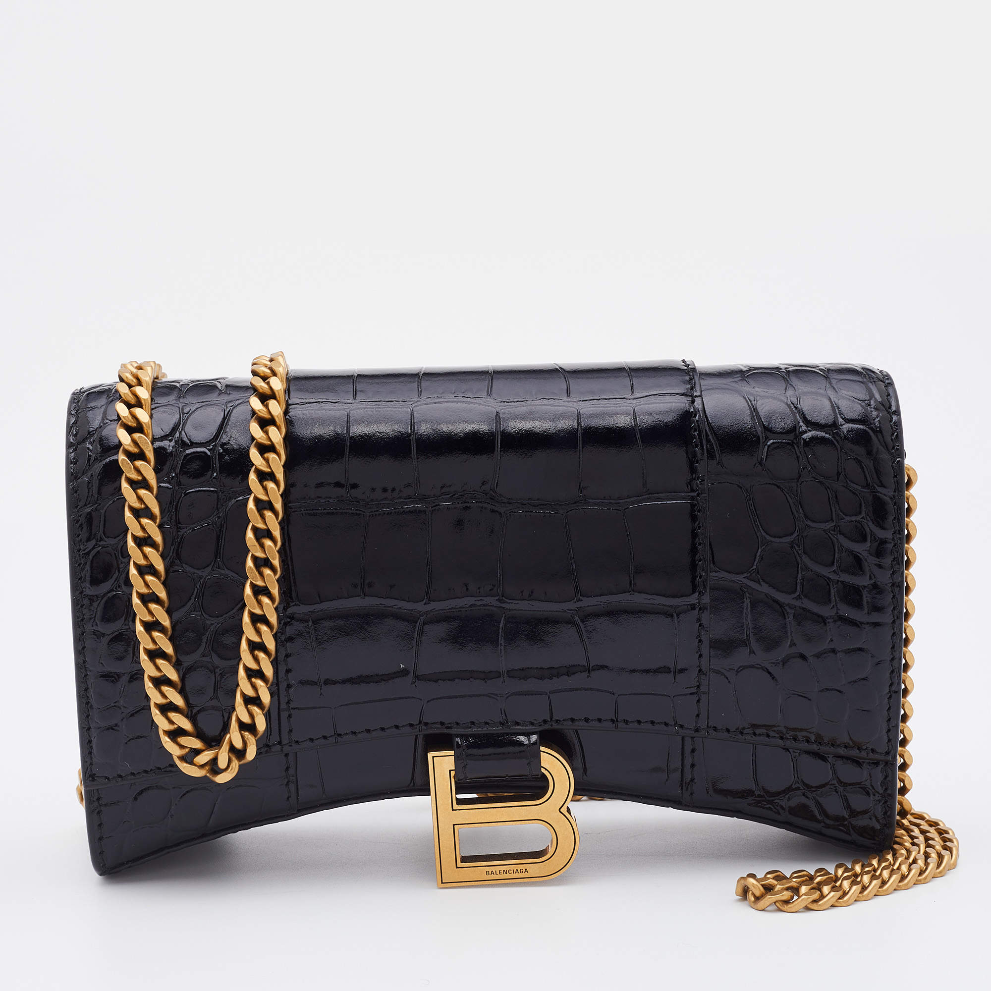 مملوكة مسبقًا Balenciaga Black Croc Embossed Leather Hourglass Wallet on Chain