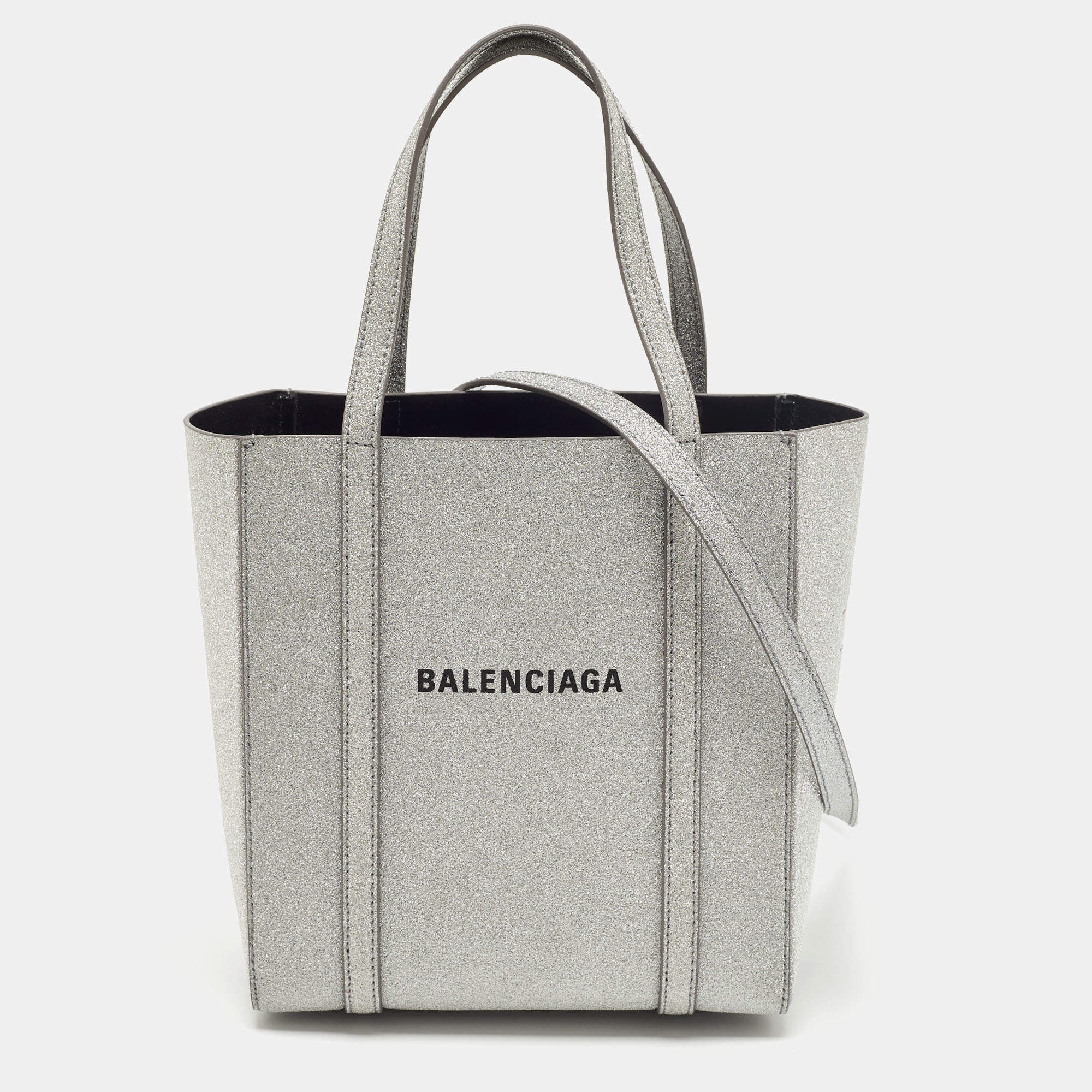 Pre Owned Balenciaga Silver Glitter Leather XXS Everyday Tote