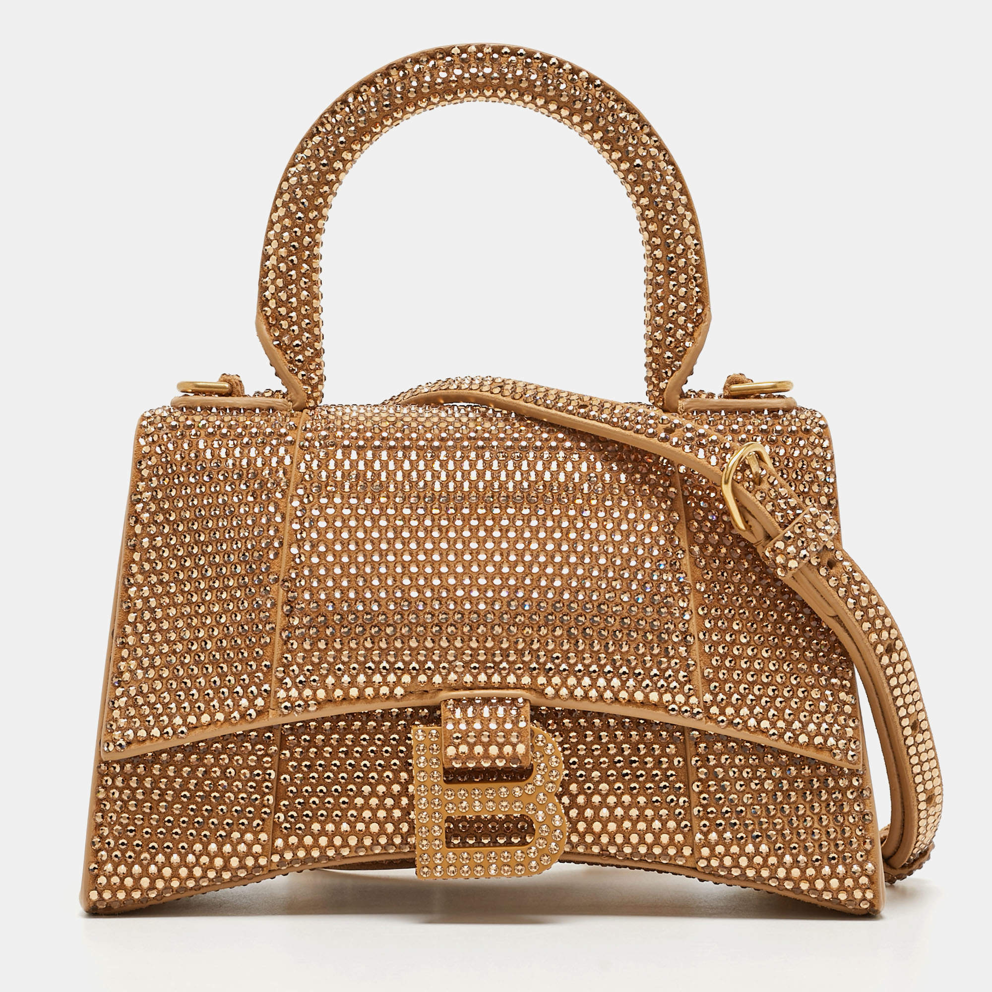 Pre Owned Balenciaga Gold/Brown Leather XS Crystal Hourglass Top Handle Bag