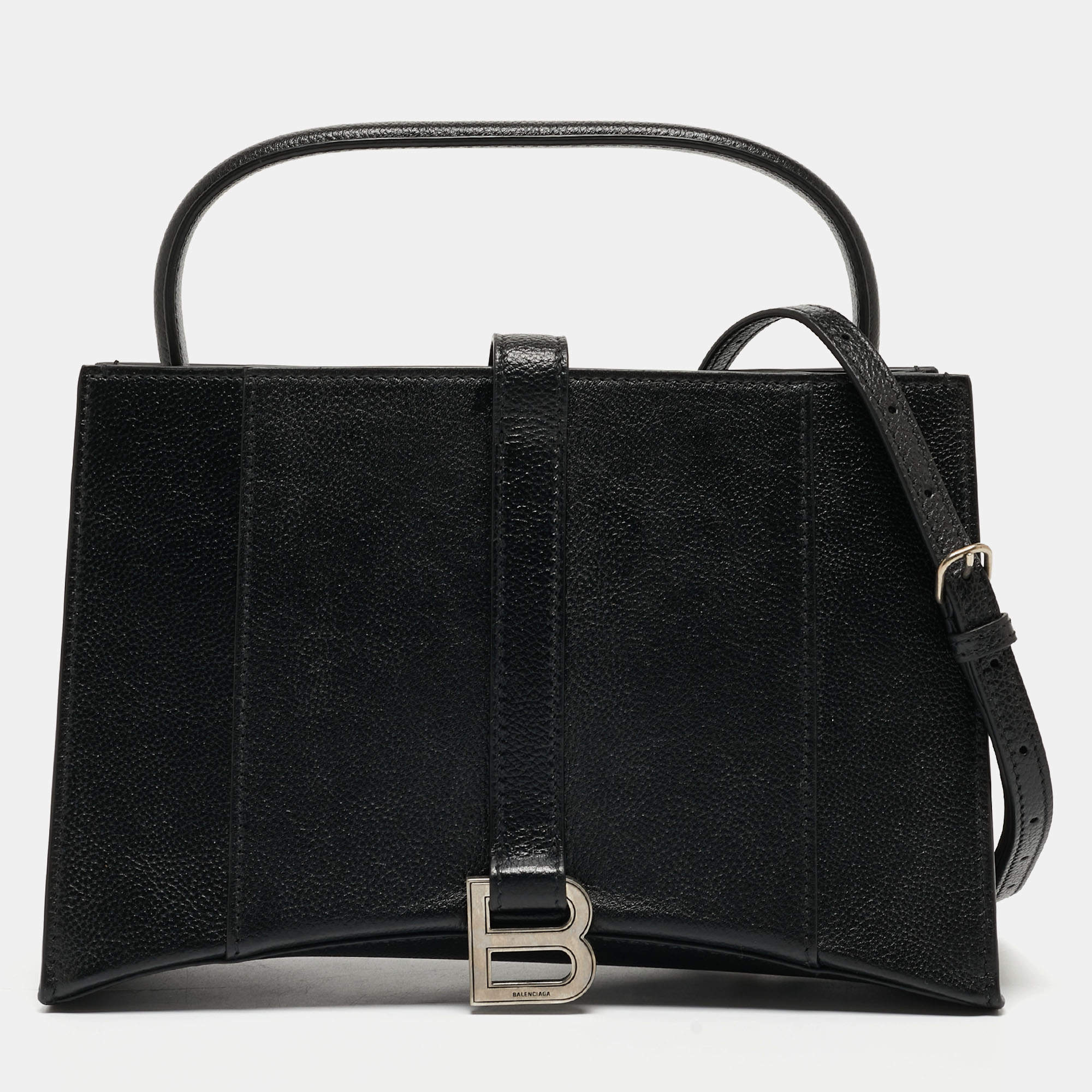Pre Owned Balenciaga Black Leather Hourglass East-West Tote