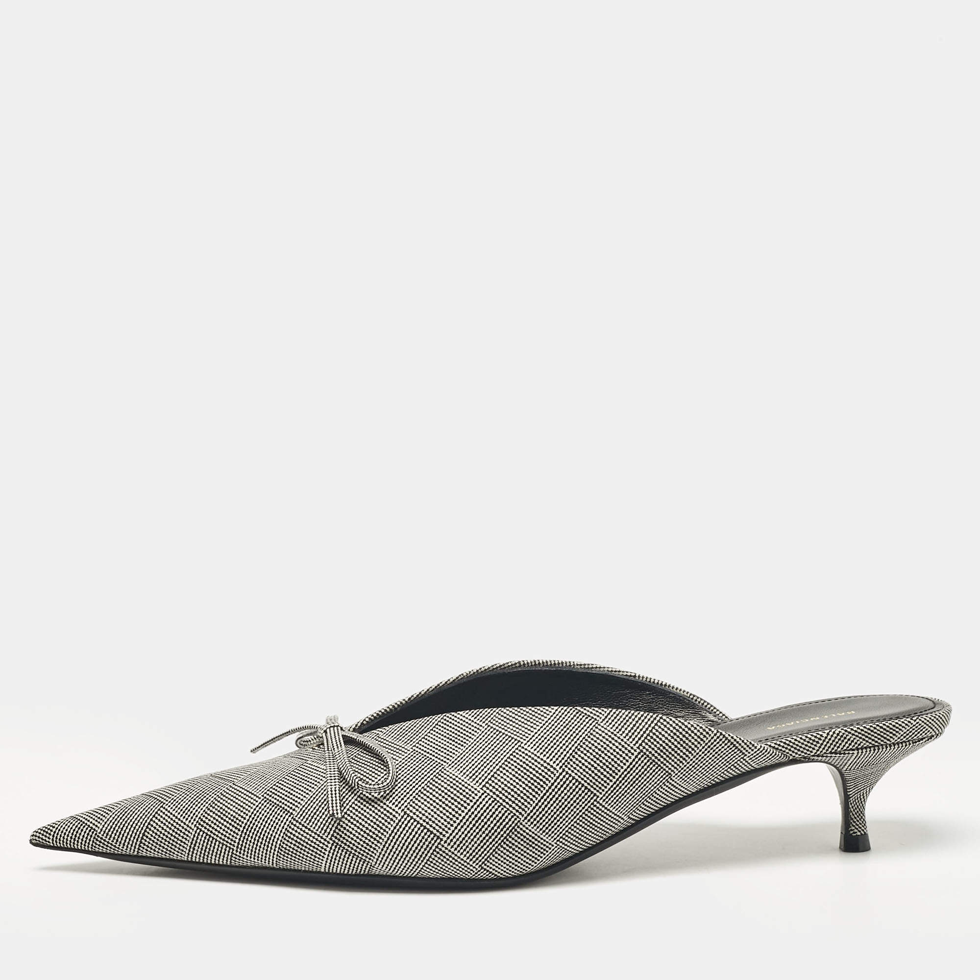 Pre Owned Balenciaga Black/White Check Fabric Bow Knife Mules Size 41