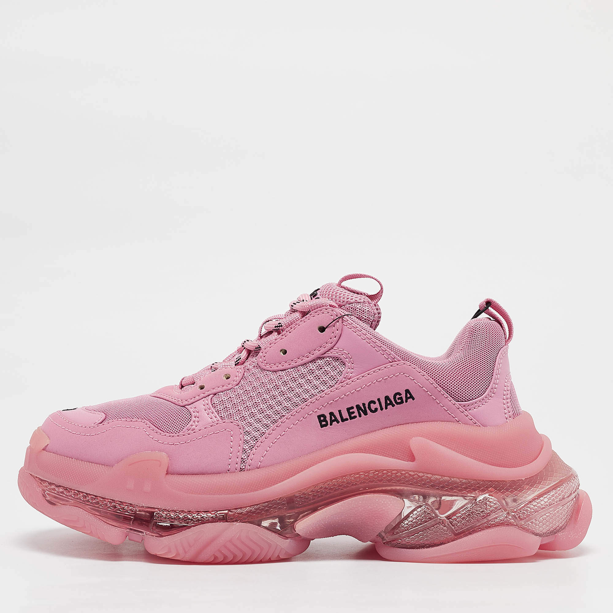 Balenciaga Pink Faux Leather and Mesh Triple S Clear Sole Low Top Sneakers Size 38