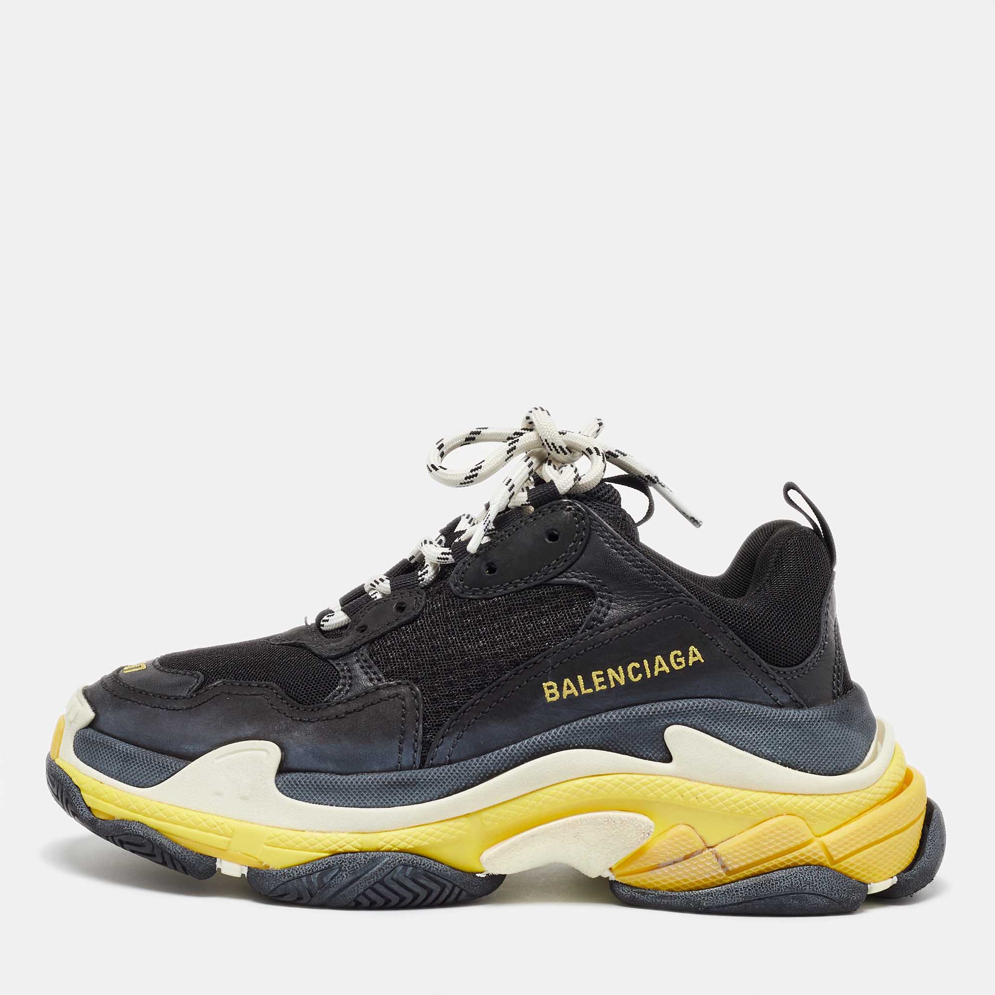 Balenciaga Black/Yellow Leather and Mesh Triple S Sneakers Size 37