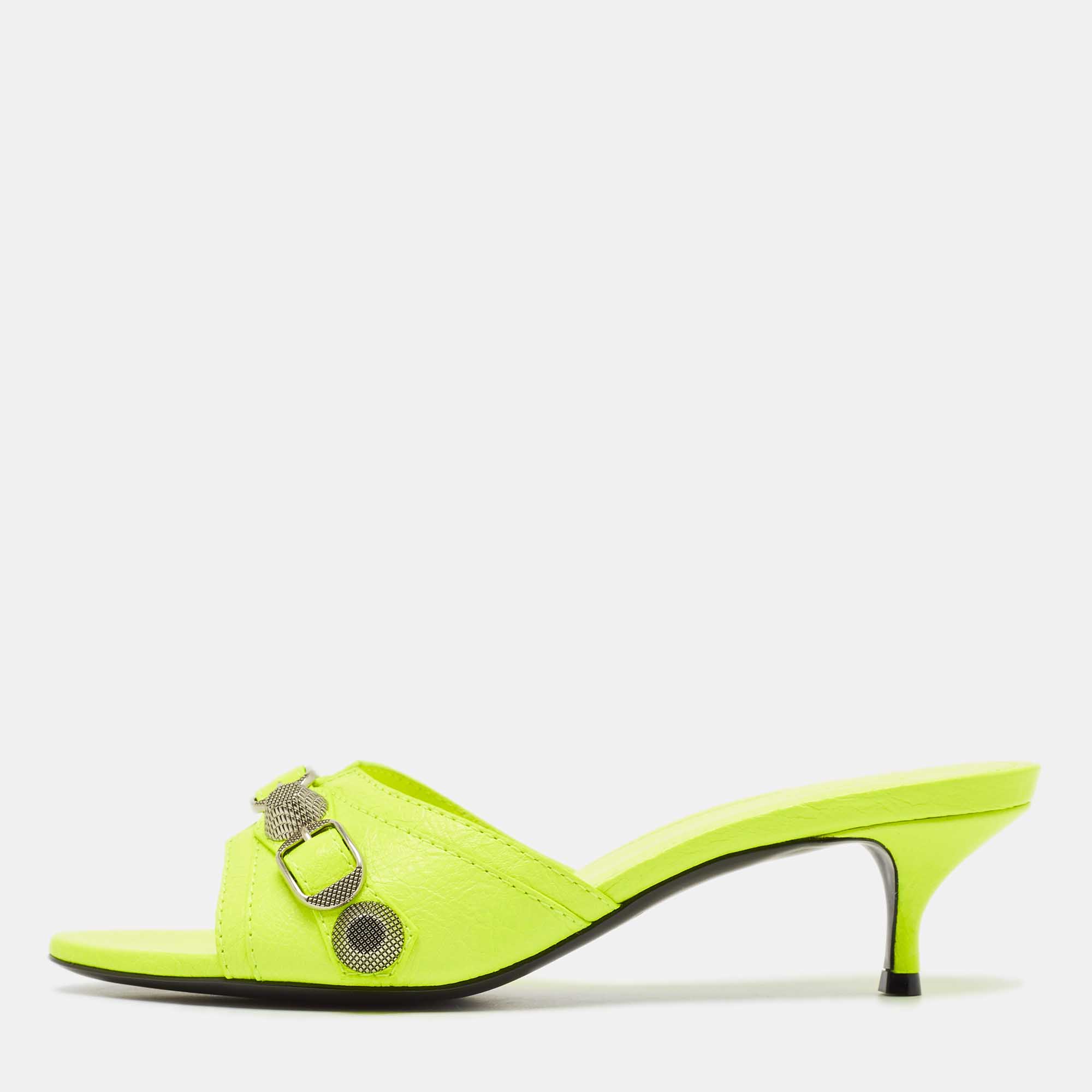 Balenciaga Neon Yellow Leather Le Cagole Studded Slide Sandals Size 37