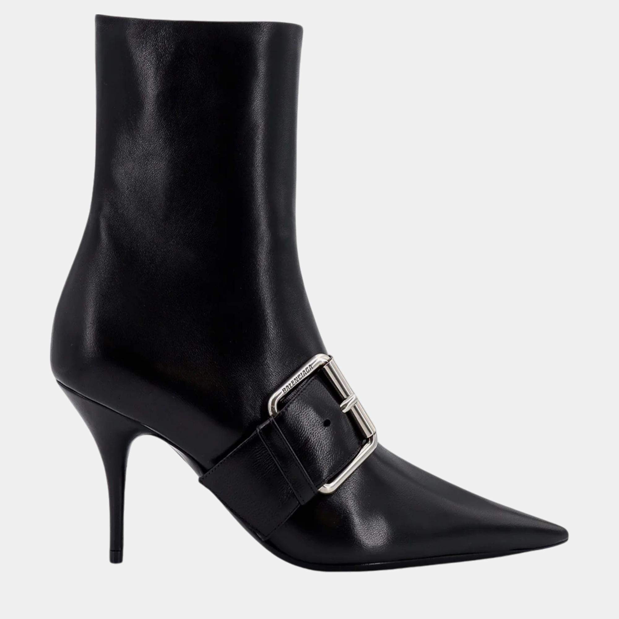 Balenciaga Black Leather Ankle Buckle Boots EU 40