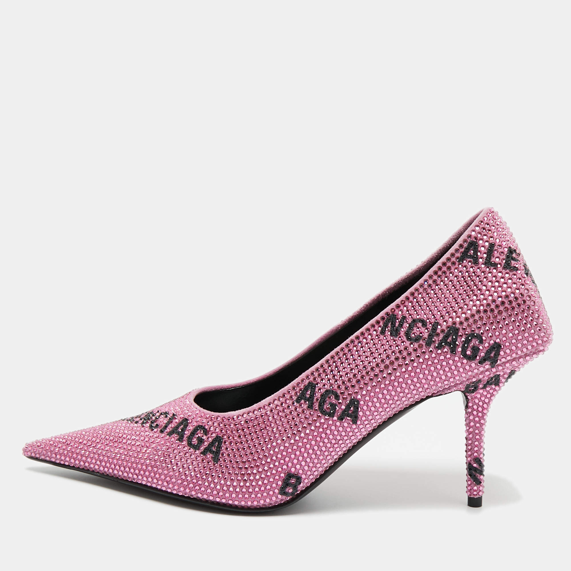 Pre Owned Balenciaga Pink Suede Crystal Embellished Knife Pumps Size 37