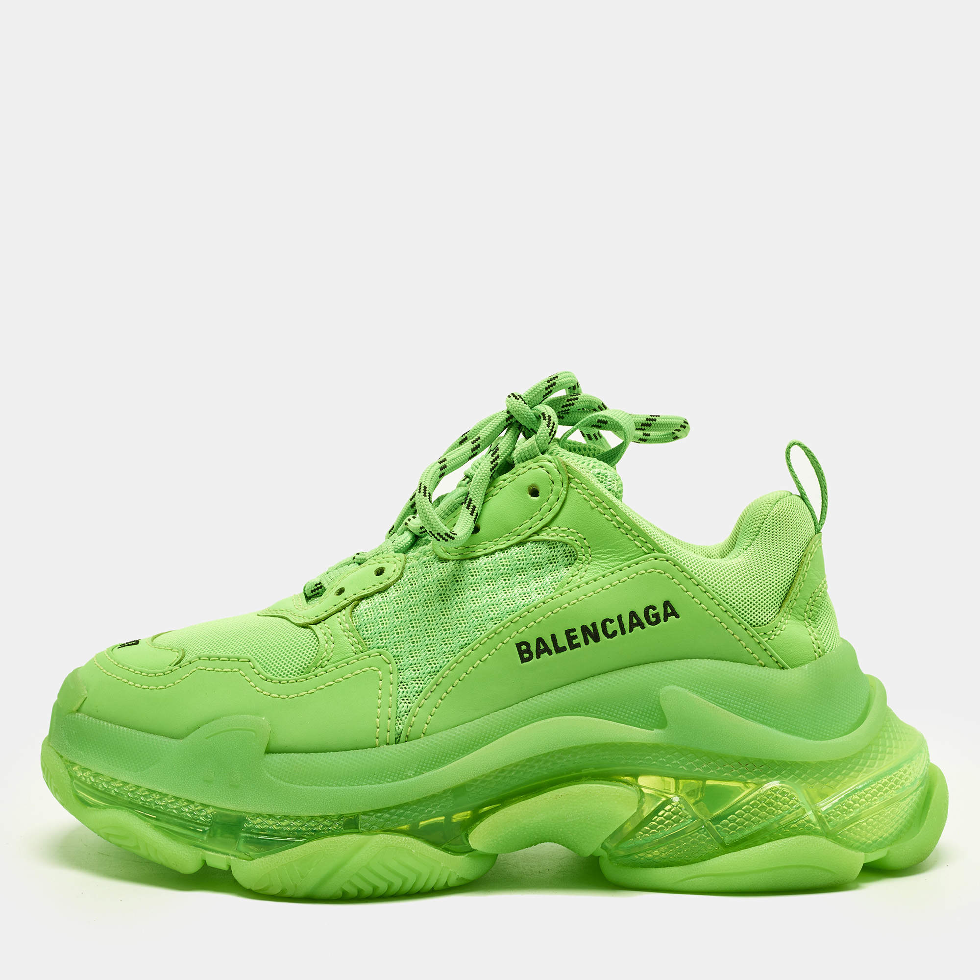 Pre Owned Balenciaga Triple S Clear Size 37 Green Faux Leather Mesh Lace Up Sneakers