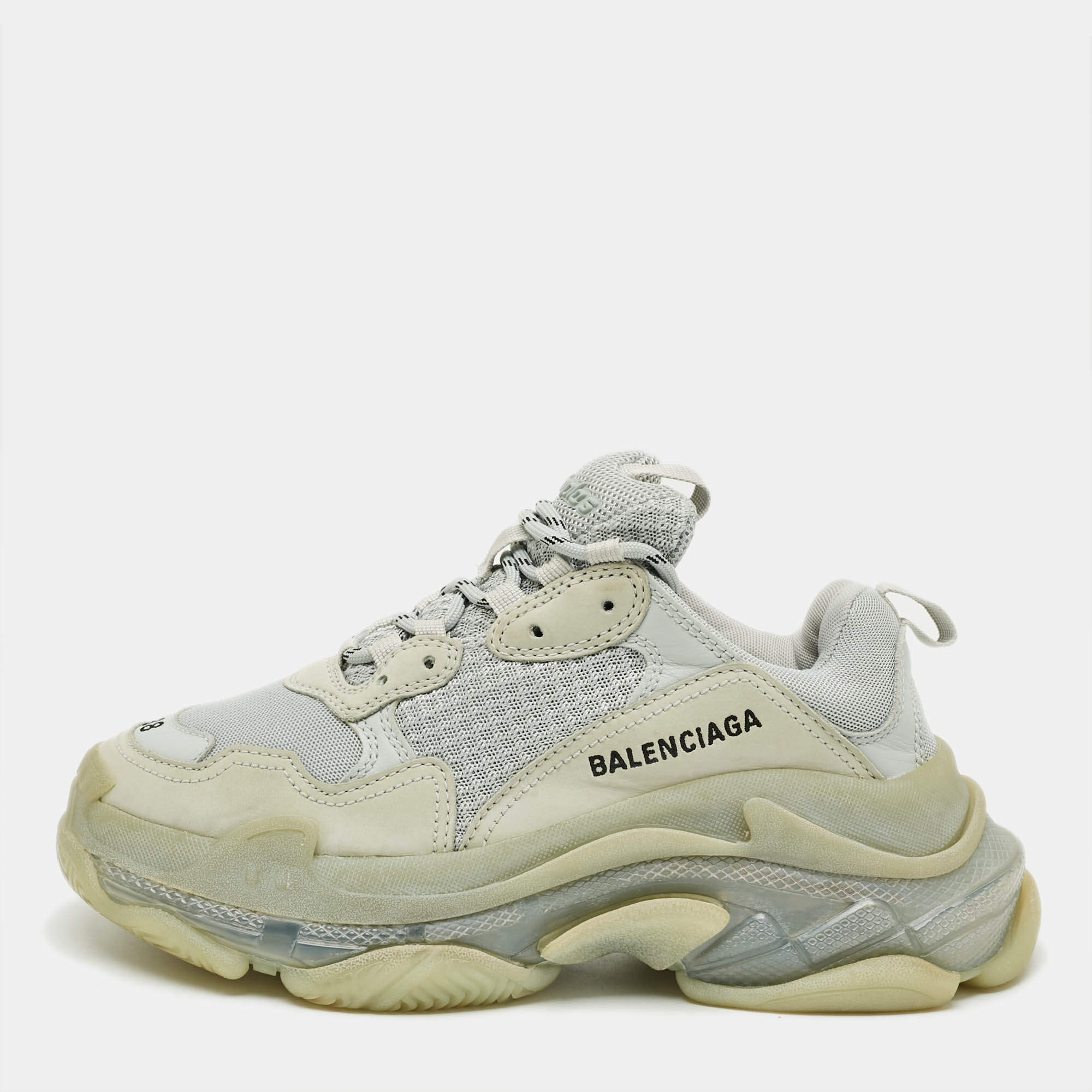 Pre Owned Balenciaga Triple S Size 38 Grey Mesh and Nubuck Leather Lace Up Sneakers