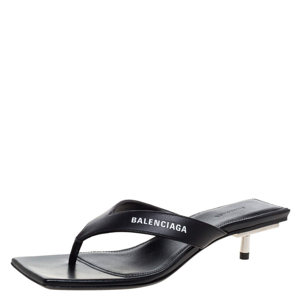Balenciaga Black Logo Print Leather Square Toe Slide Sandals Size 35