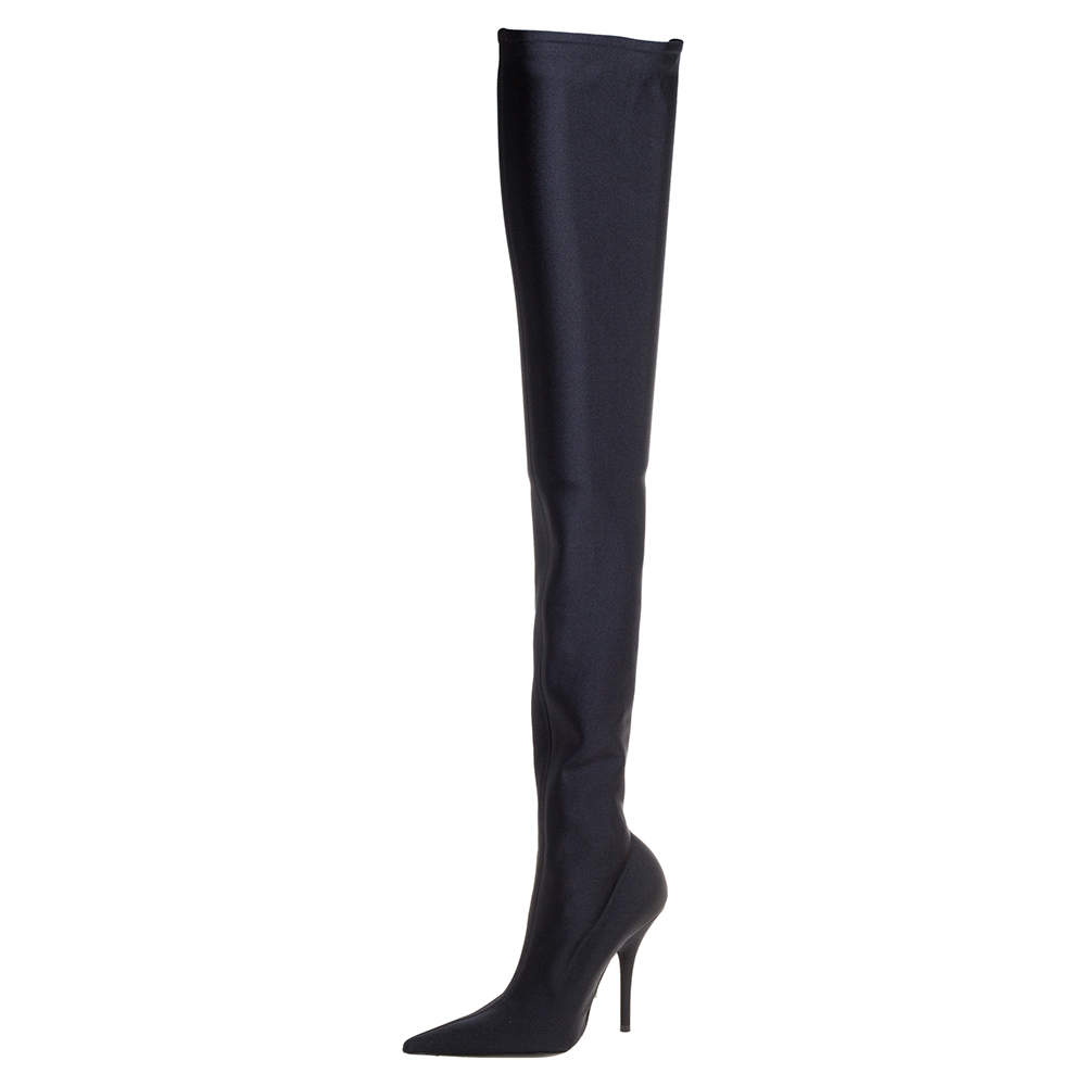 Pre Owned Balenciaga Black Strech Fabric Knife Over The Knee Pointed Toe Boots Size 37