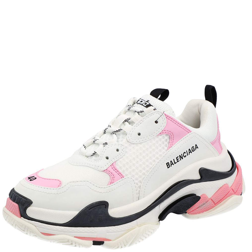 Pre Owned Balenciaga White/Pink Leather and Mesh Triple S Platform Sneakers Size EU 35