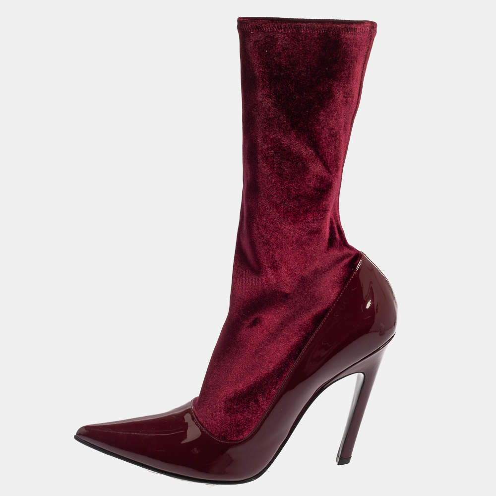 Pre Owned Balenciaga Burgundy Velvet And Patent Leather Knife Mid Calf Boots Size 39