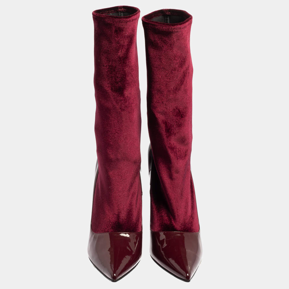 Balenciaga Burgundy Velvet And Patent Leather Knife Mid Calf Boots Size 39  Balenciaga