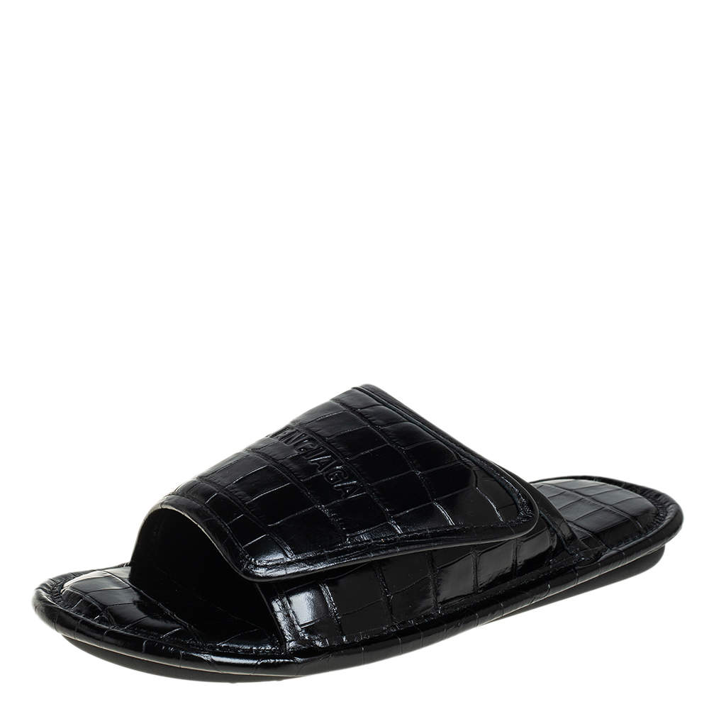 Pre Owned Balenciaga Black Croc Embosses Slide Sandlas Size 39