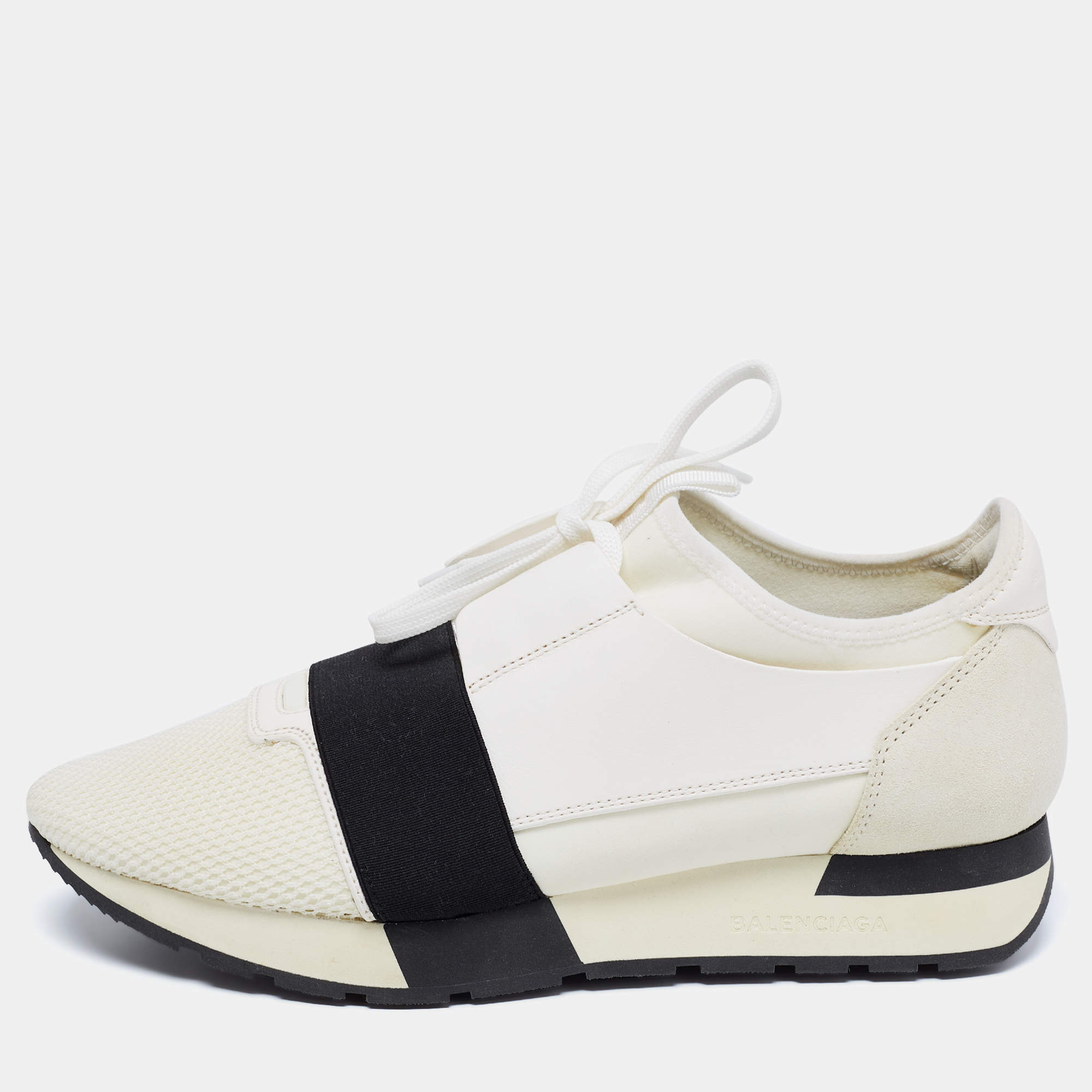 Pre Owned Balenciaga White Leather And Mesh Race Runner Sneakers Size 40