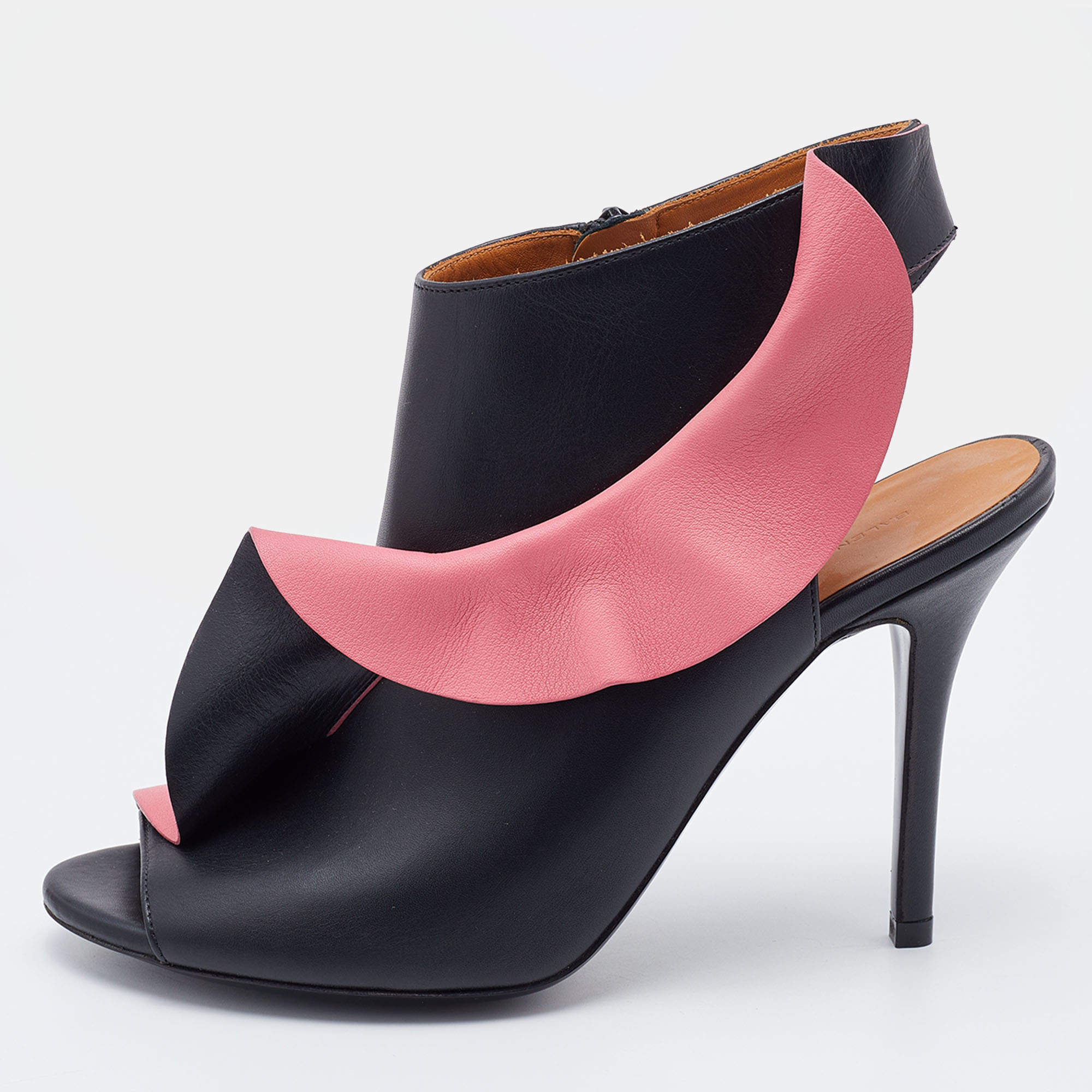 Pre Owned Balenciaga Black/Pink Leather Ruffle Trim Booties Size 38