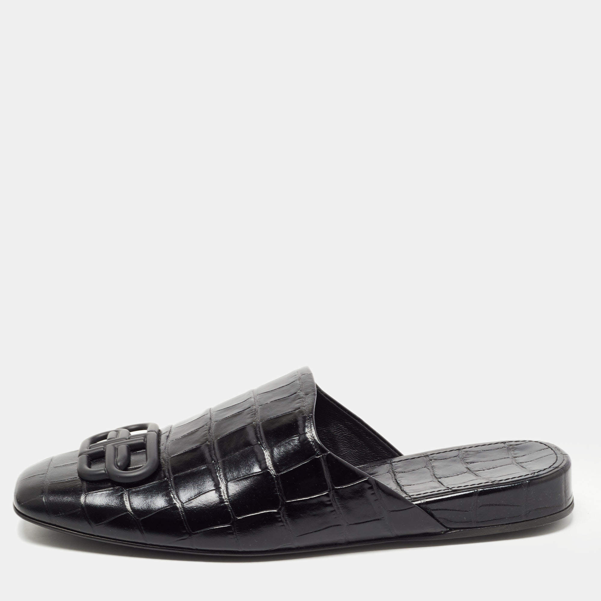 Balenciaga Black Croc Embossed Leather Cosy BB Flat Mules Size 37 