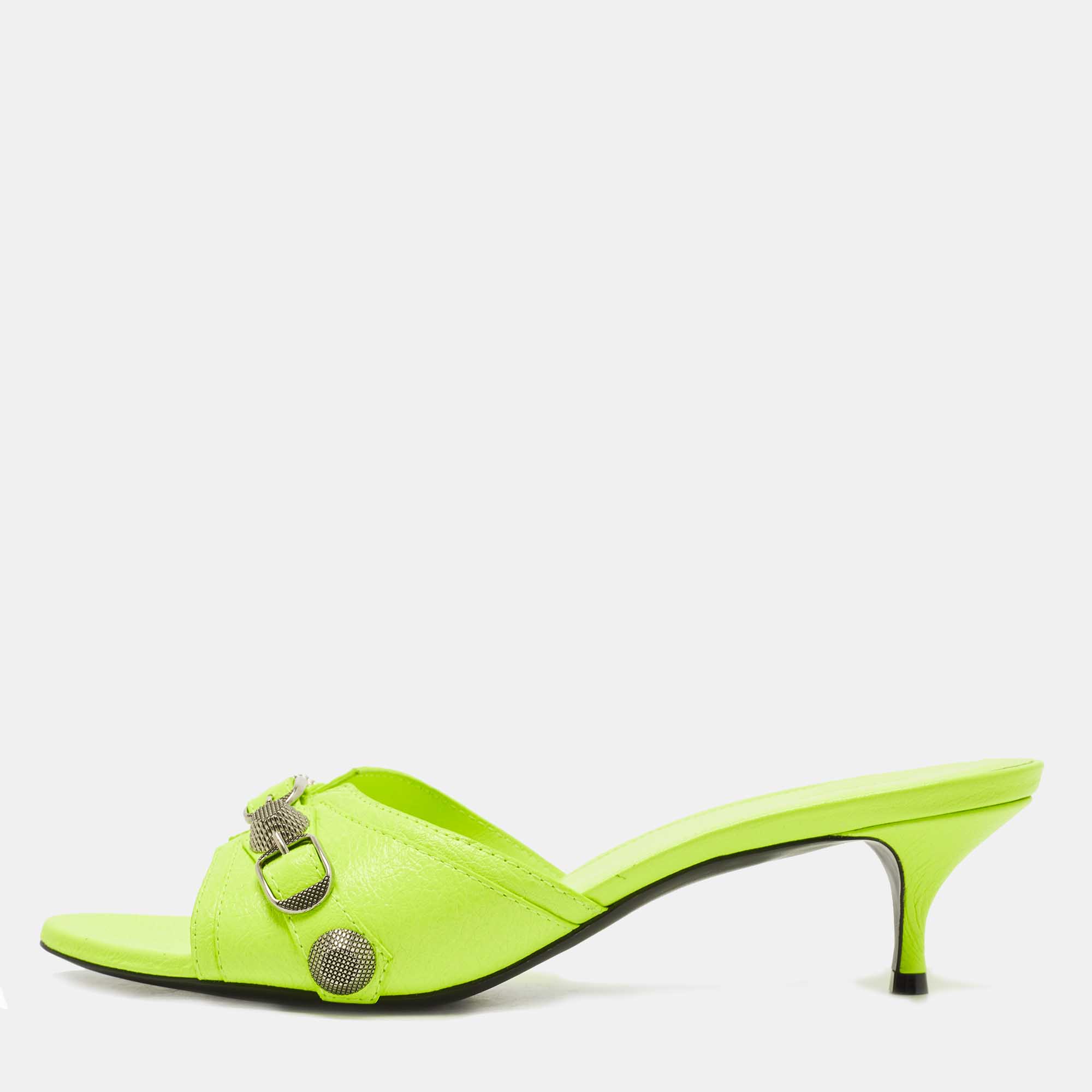 Pre Owned Balenciaga Neon Yellow Leather Cagole Slide Sandals Size 41