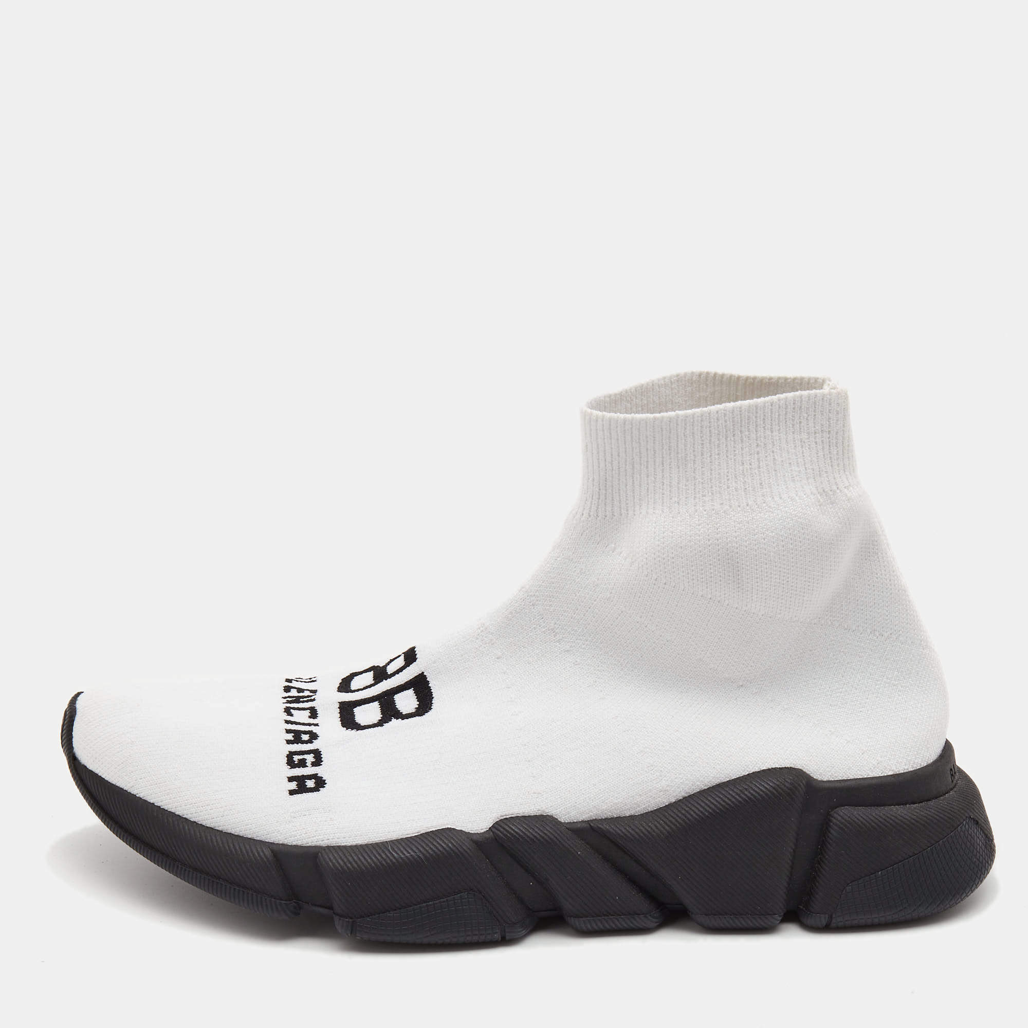 Pre Owned Balenciaga White Logo Print Knit Fabric Speed Sneakers Size 38