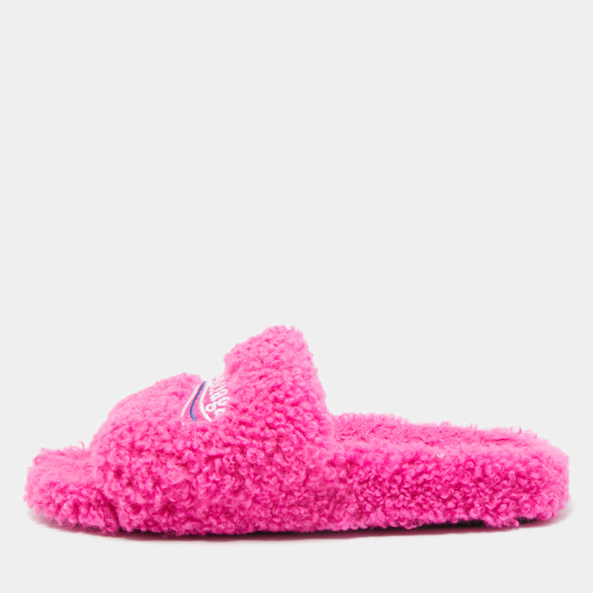 Pre Owned Balenciaga Pink Fur Flat Slides Size 39  
