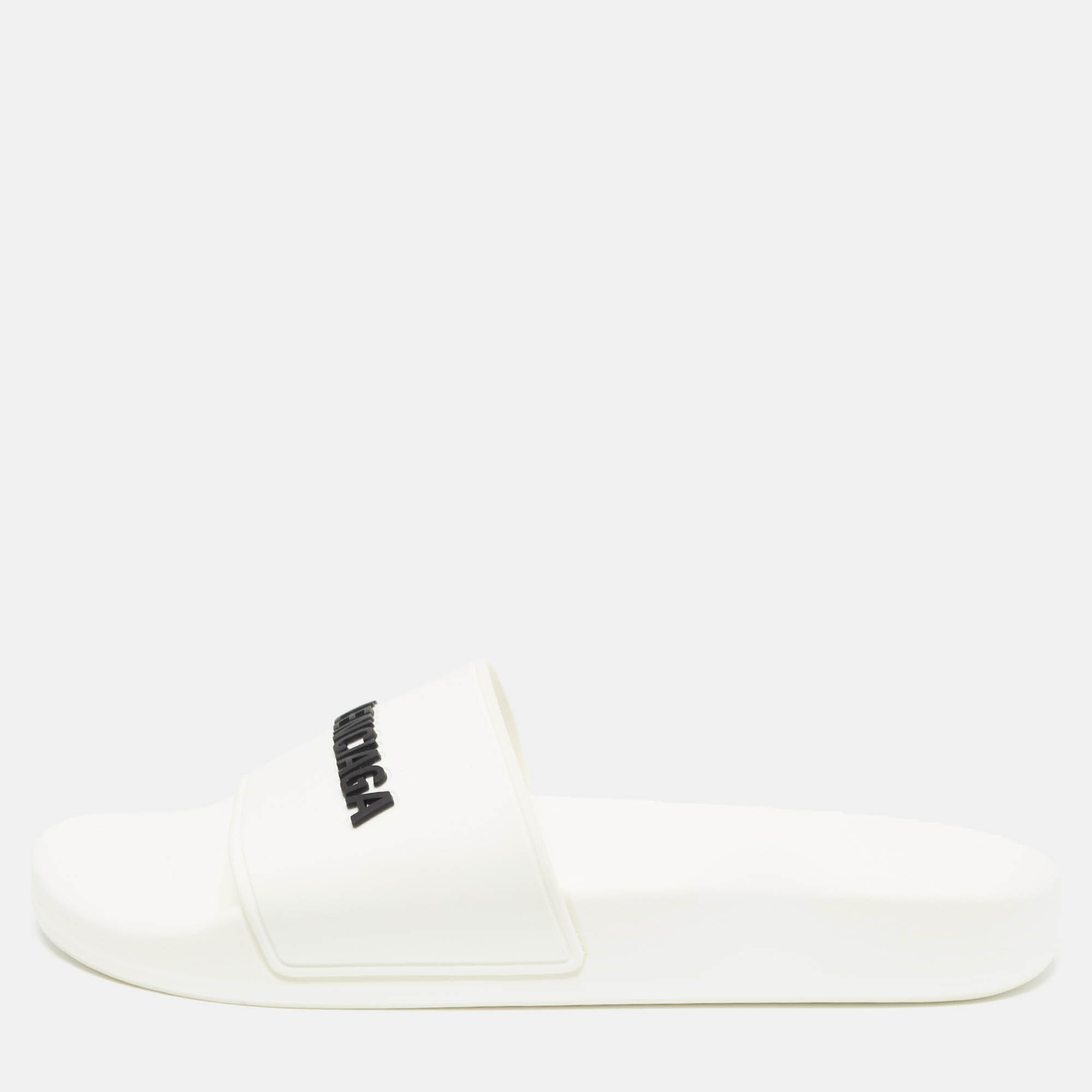 Pre Owned Balenciaga White Rubber Logo Pool Slides Size 38   
