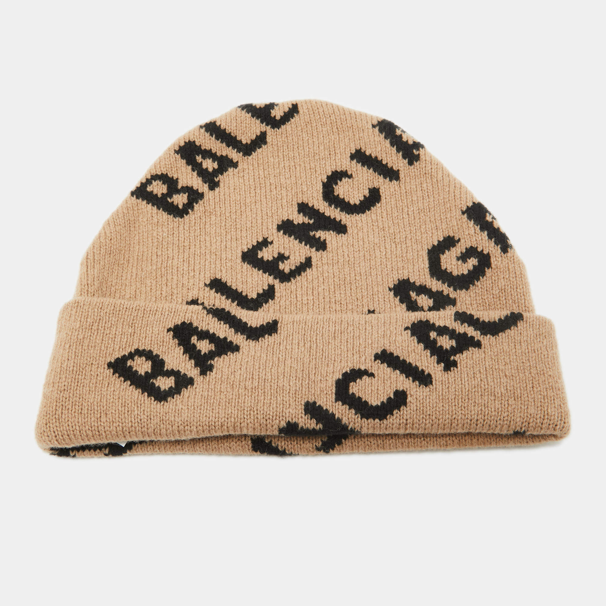 Balenciaga Beige Monogram Wool Knit Beanie 