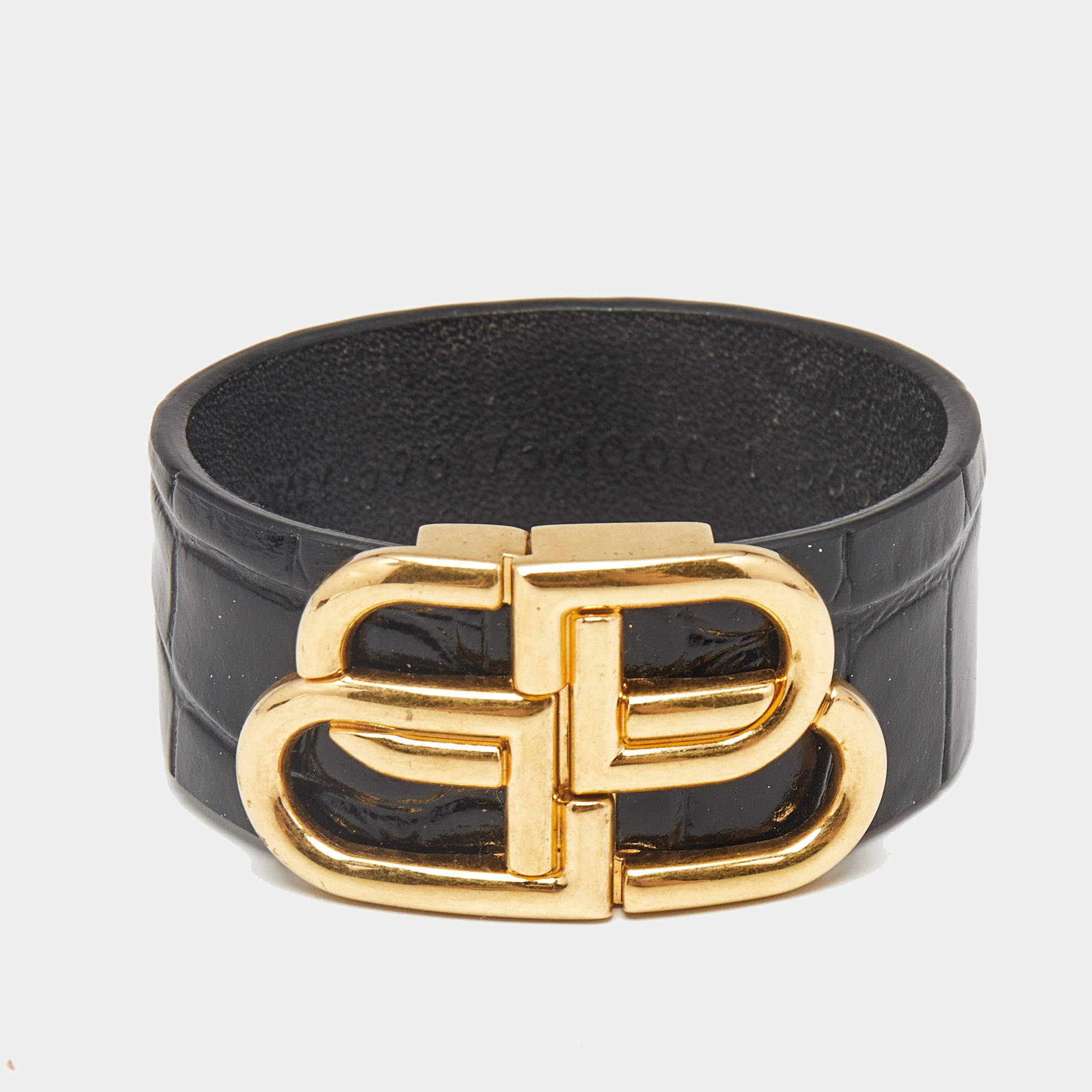Balenciaga BB Black Leather Gold Tone Bracelet M