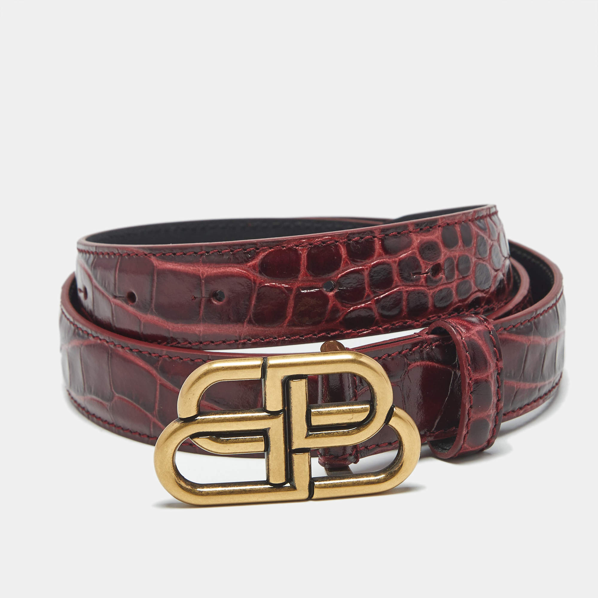 Pre Owned Balenciaga Burgundy Croc Embossed Leather BB Buckle Belt 75CM