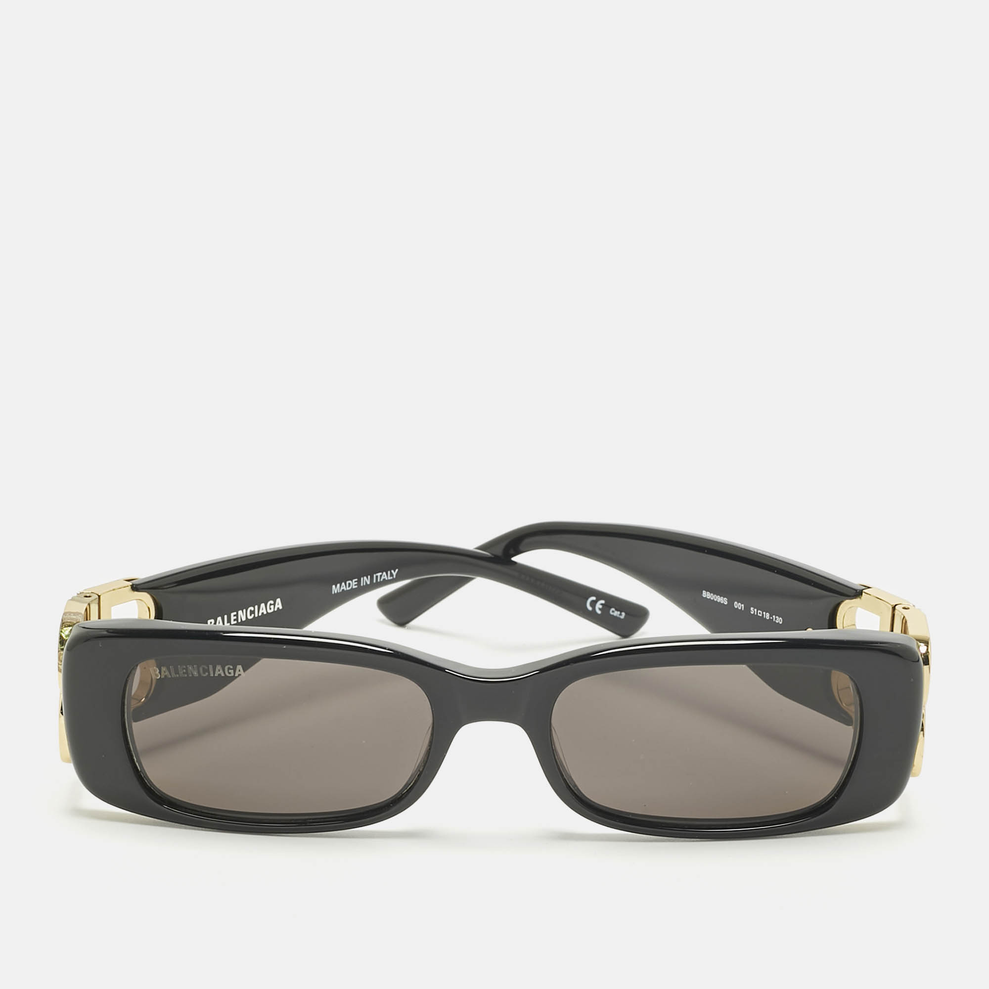 Pre Owned Balenciaga Black/Gold Tone BB0096S Rectangle Sunglasses