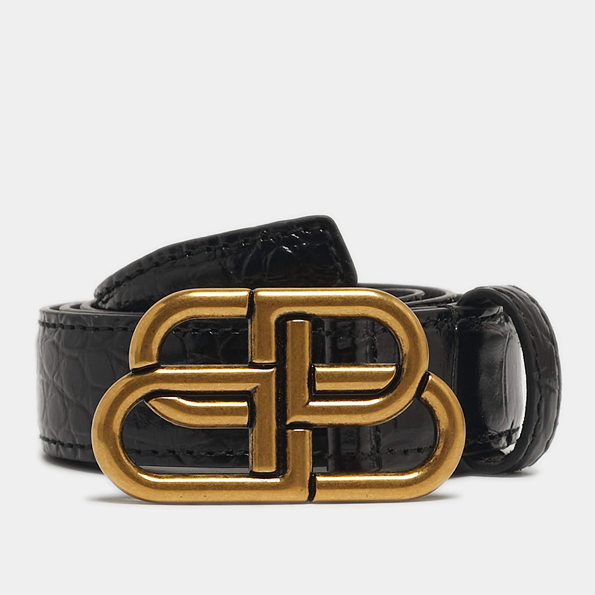 Pre Owned حزام بالنسياغا جلد أسود منقوش بكروكوديل 70 سم