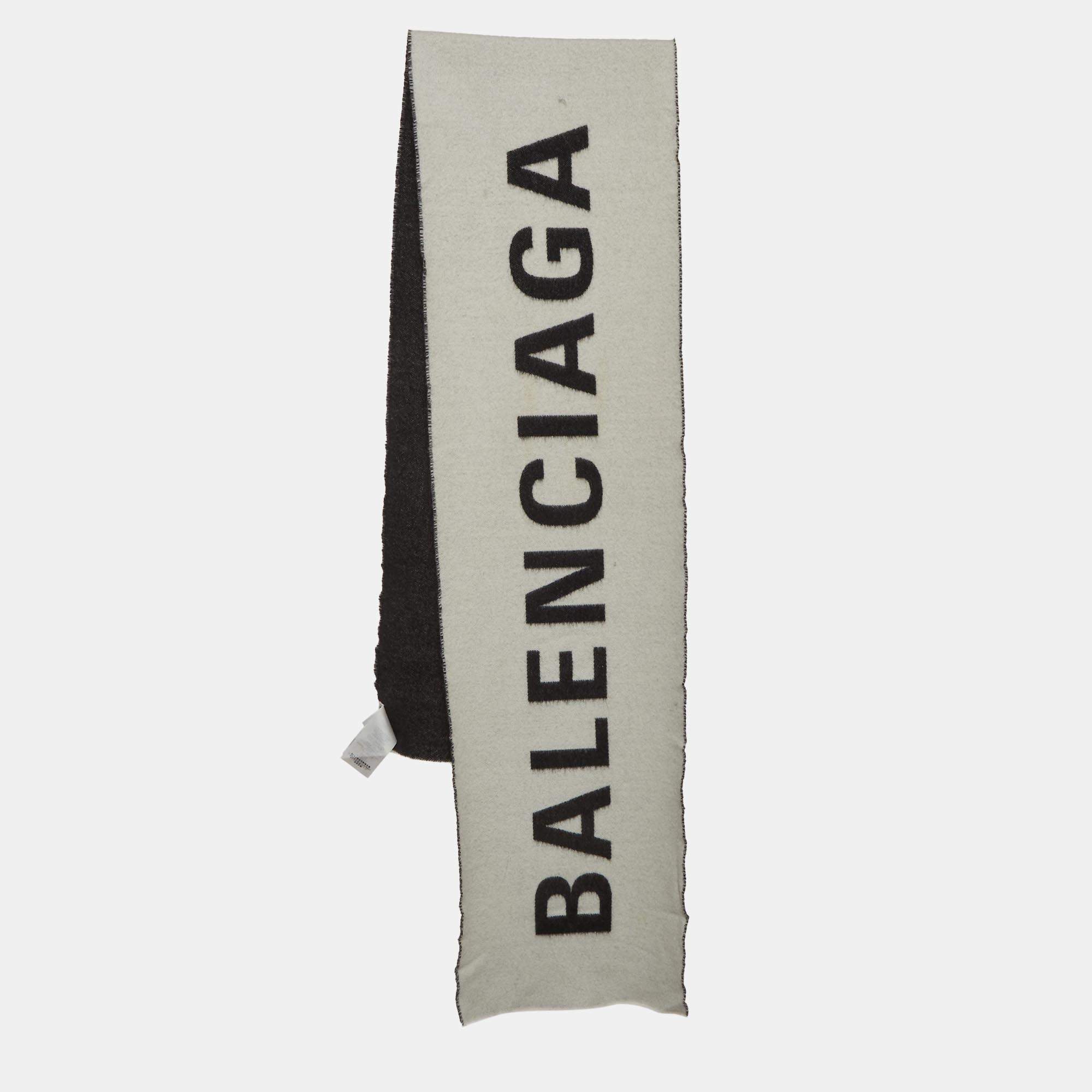 Pre Owned Balenciaga Black Logo Wool Reversible Scarf