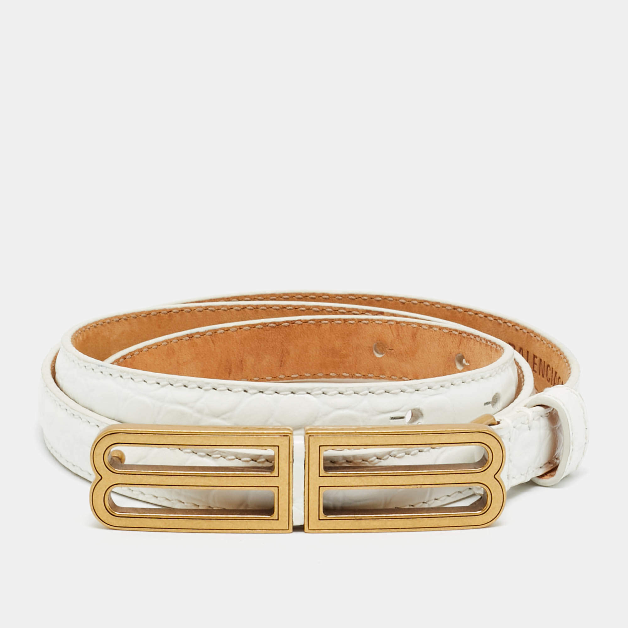 Pre Owned حزام بالنسياغا BB جلد أبيض منقوش كروك بإبزيم 80 سم