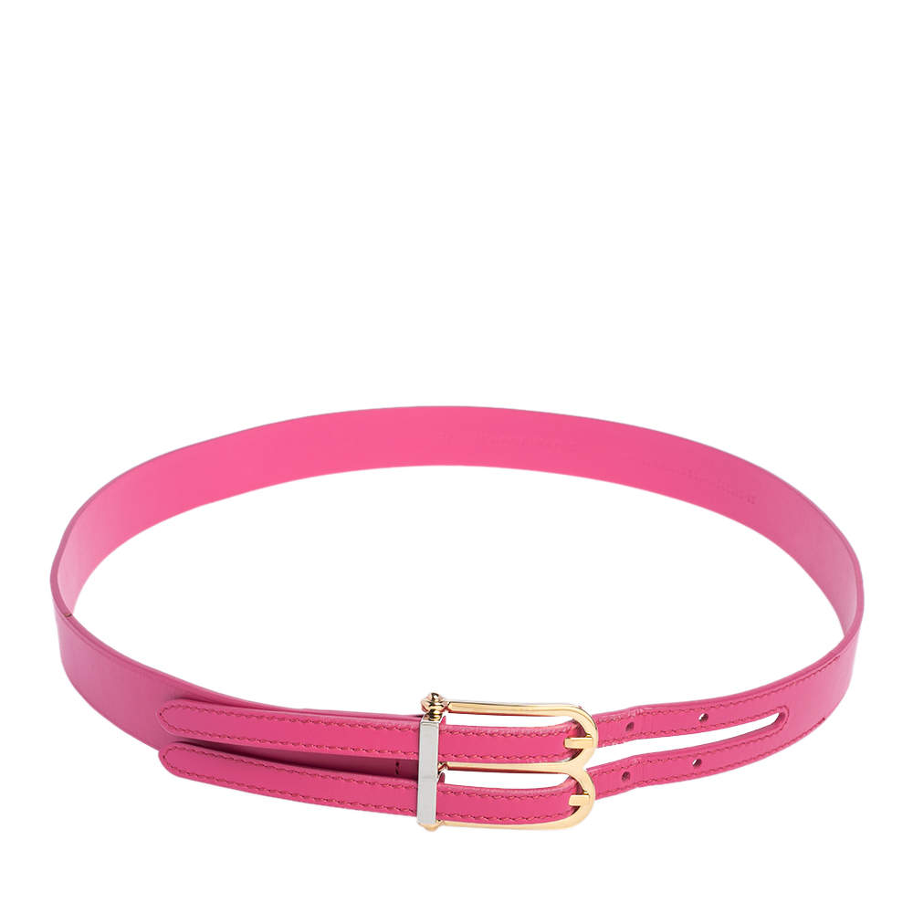 Pre Owned Balenciaga Pink Leather B Buckle Belt 85 CM